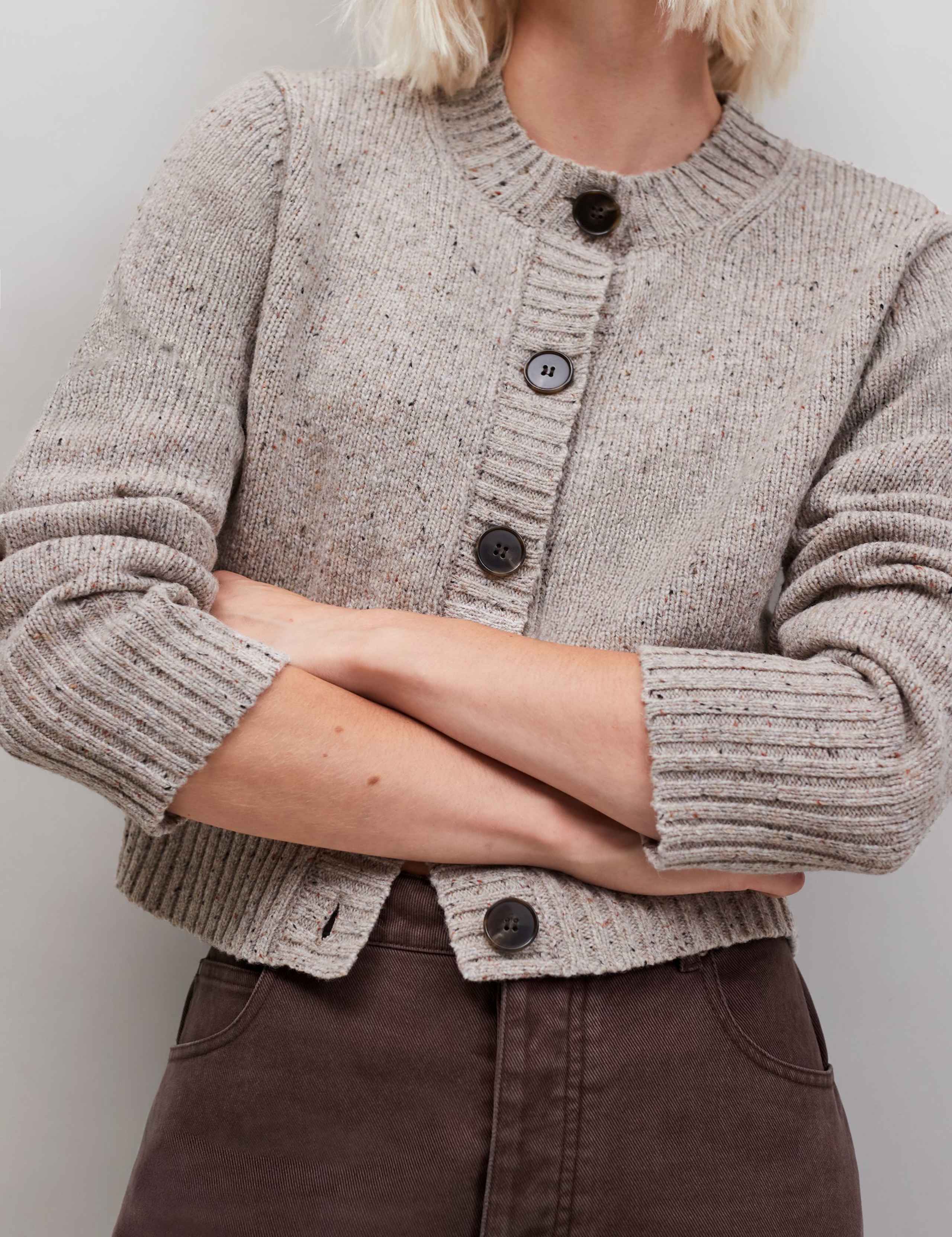 Wool Rich Textured Crew Neck Button Front Cardigan