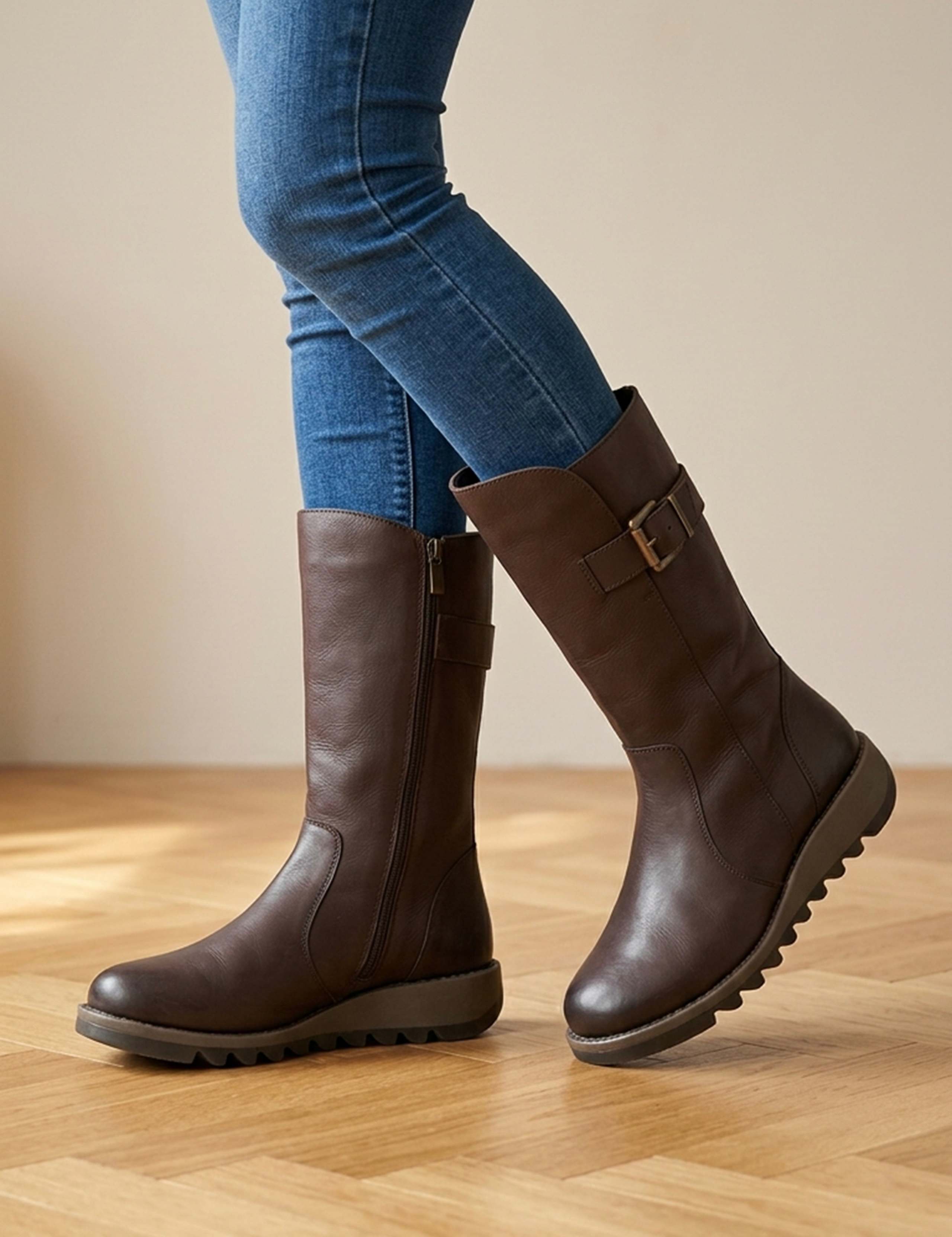 Leather Buckle Wedge Boots