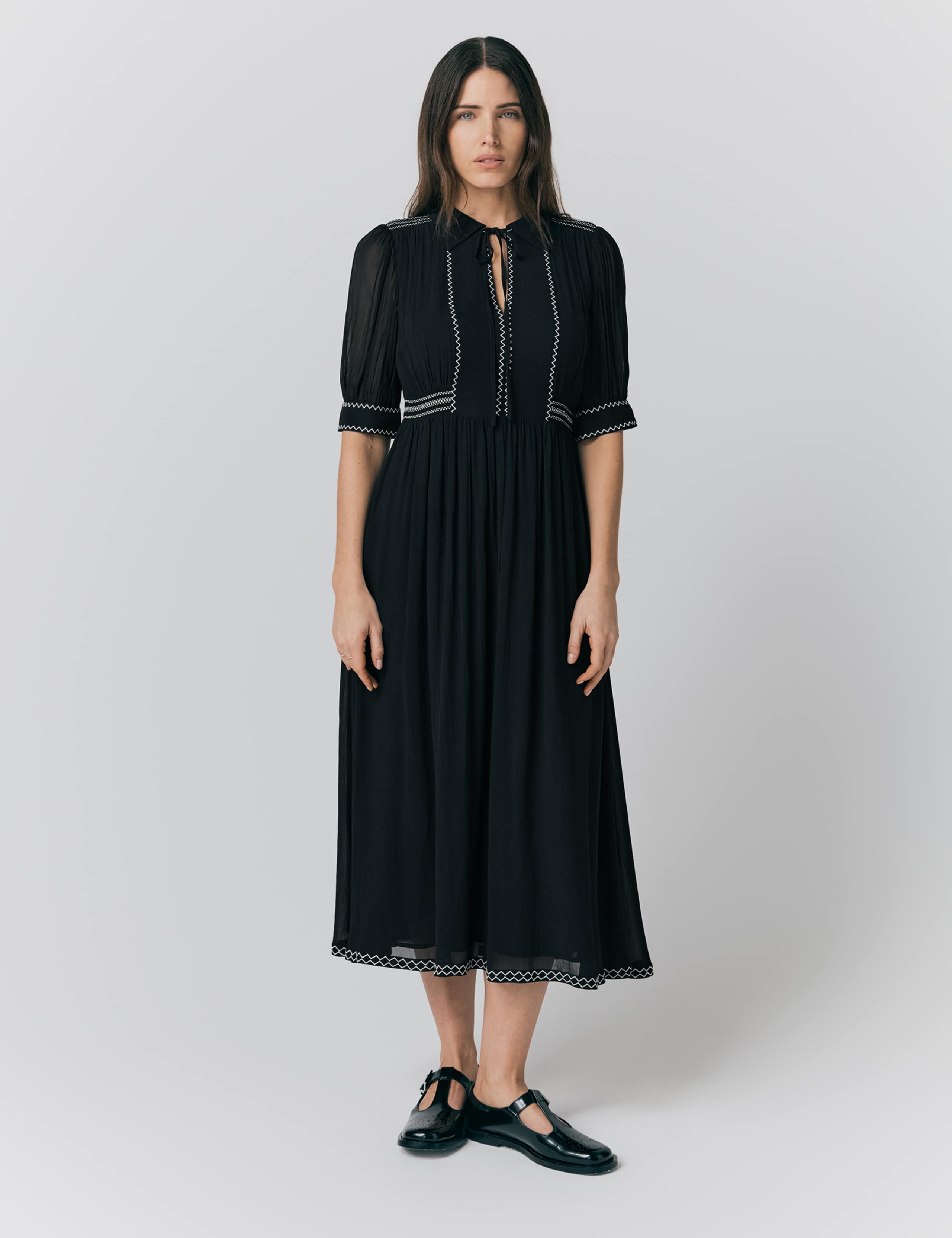 Embroidered Tie Neck Midi Smock Dress