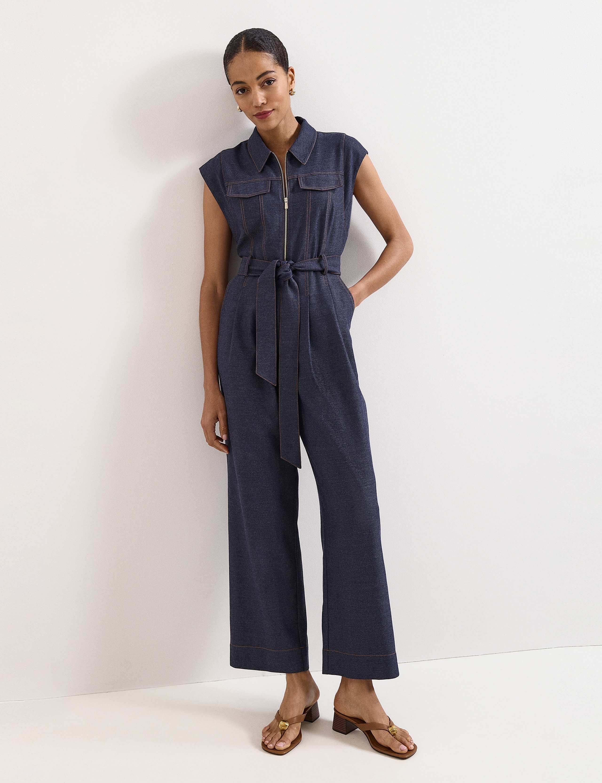 Luiza Denim Belted Wide Leg Jumpsuit