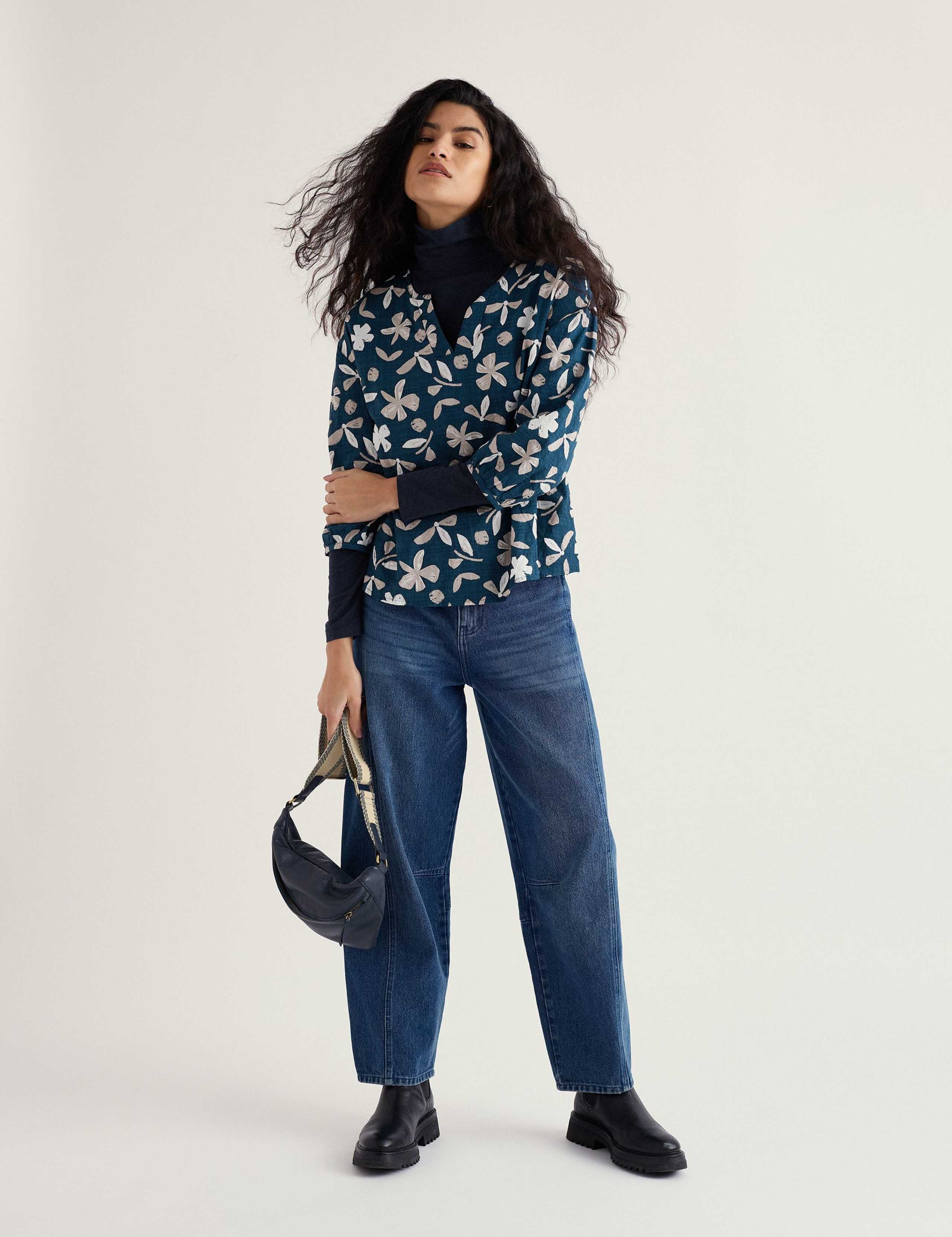 Cotton Rich Floral V Neck Relaxed Top