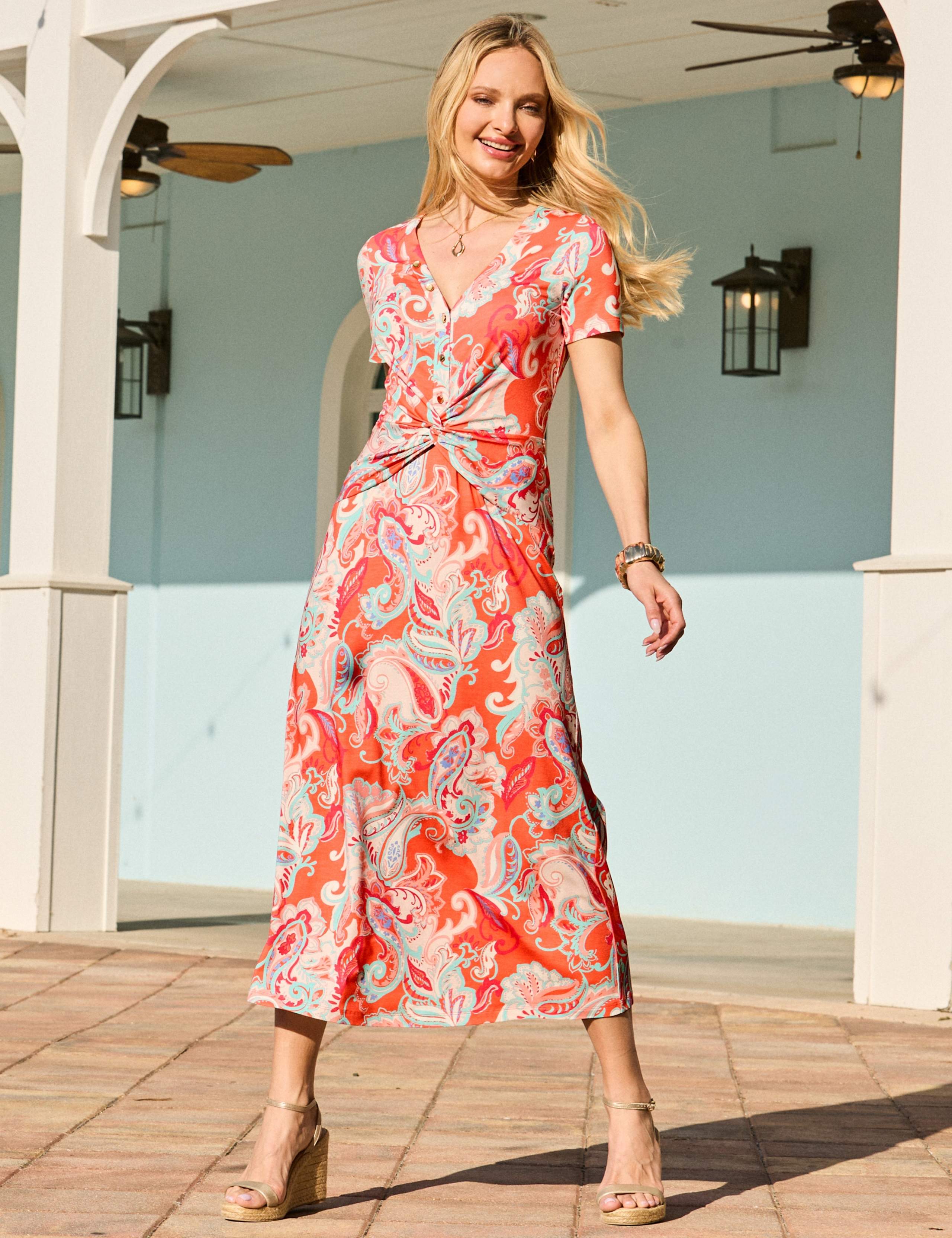 Paisley V-Neck Twist Front Midi Dress