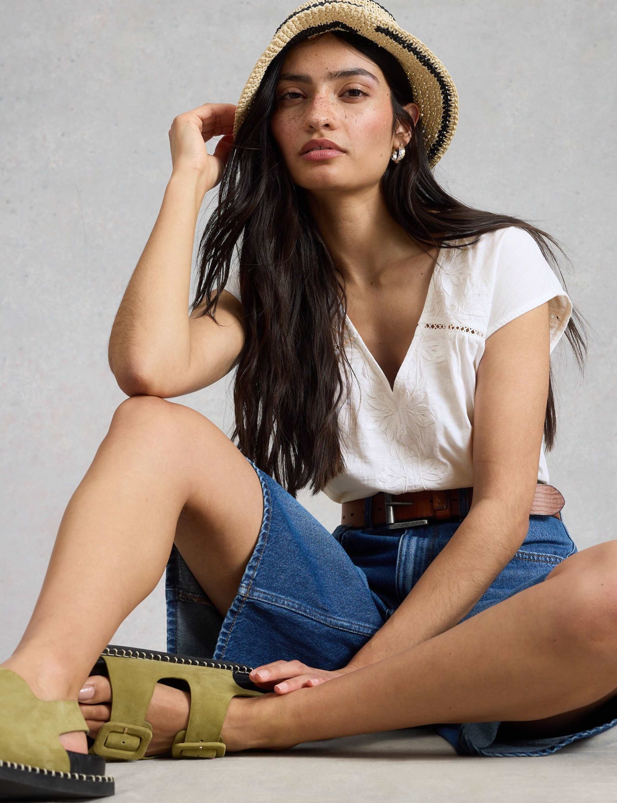 Pure Cotton Embroidered Floral Lace Insert Top