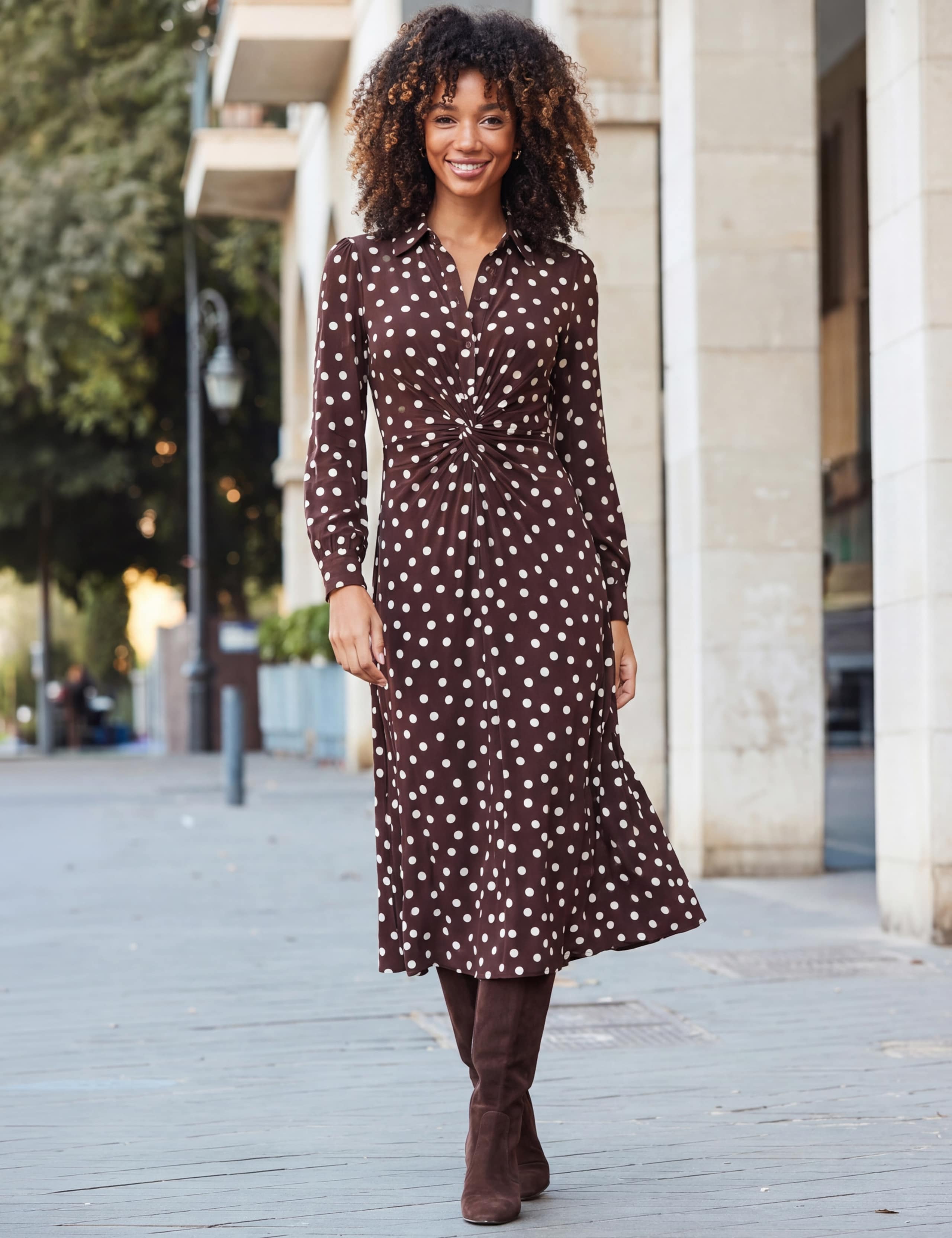 Polka Dot Print Twist Front Shirt Dress