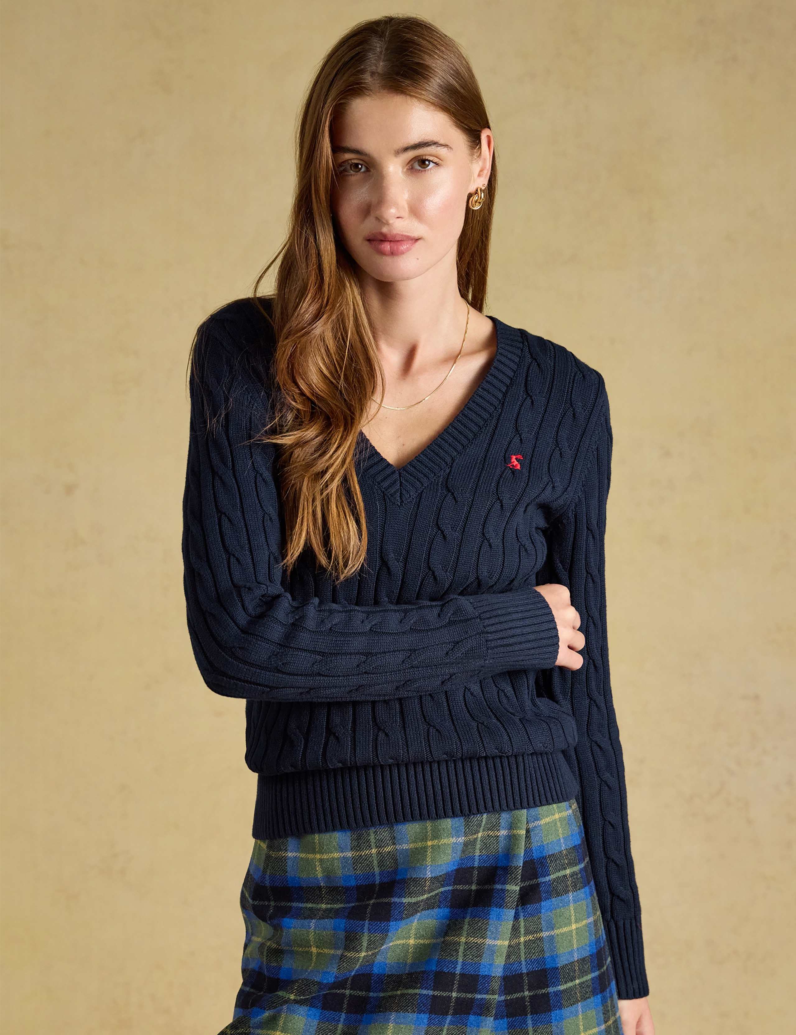 Pure Cotton Cable Knit V Neck Jumper