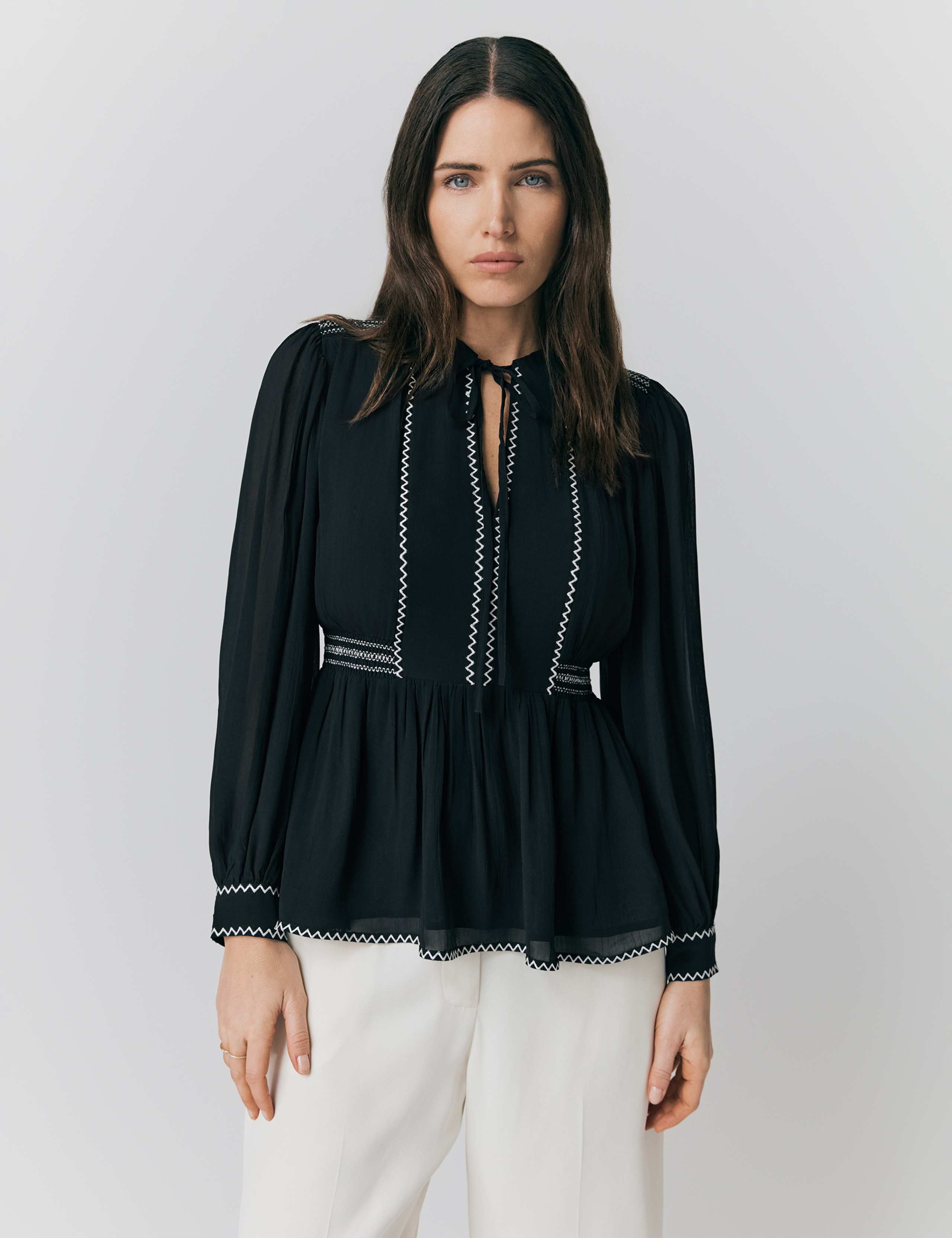 Georgette Embroidered Tie Neck Blouse