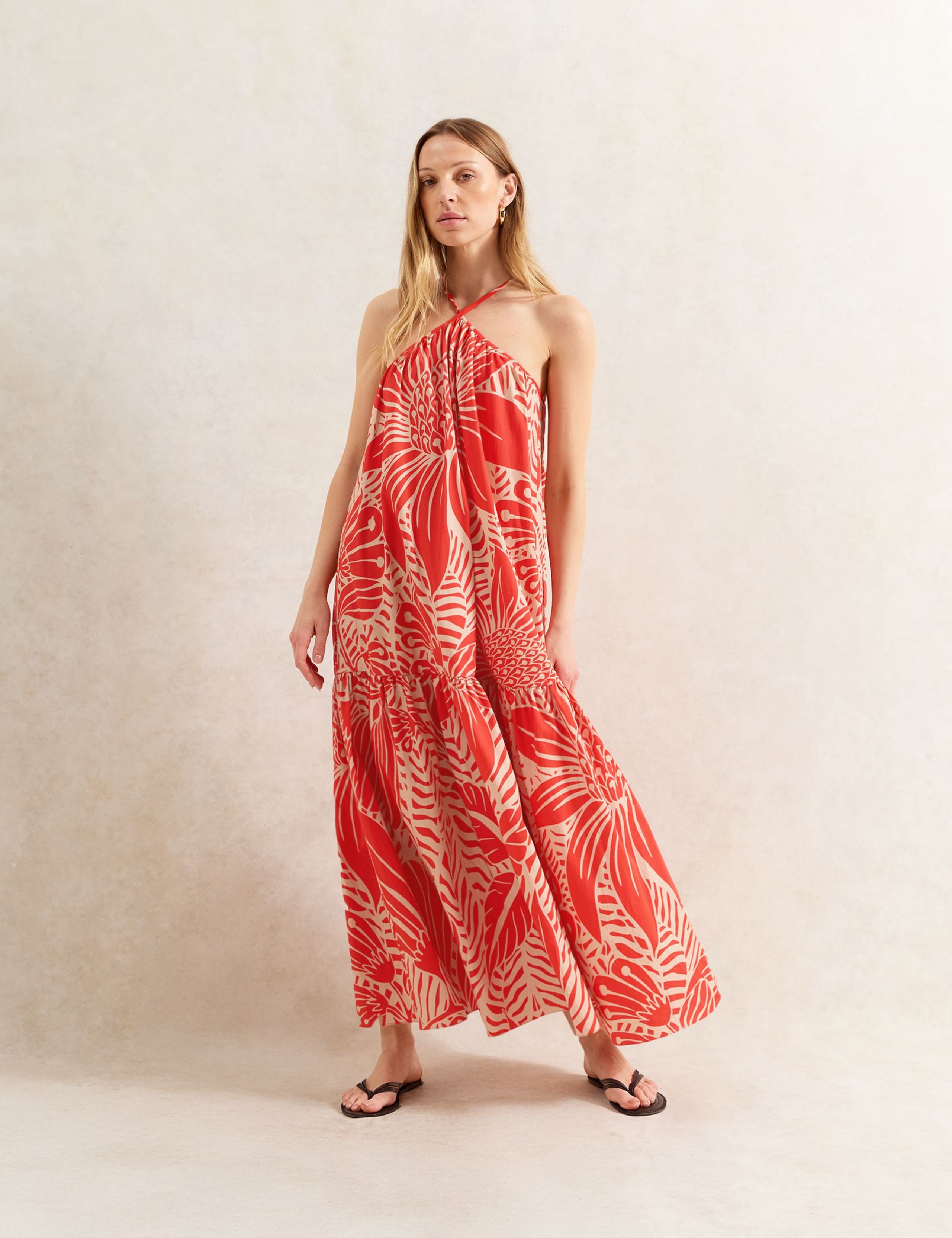 Pure Cotton Floral Halter Neck Tiered Dress