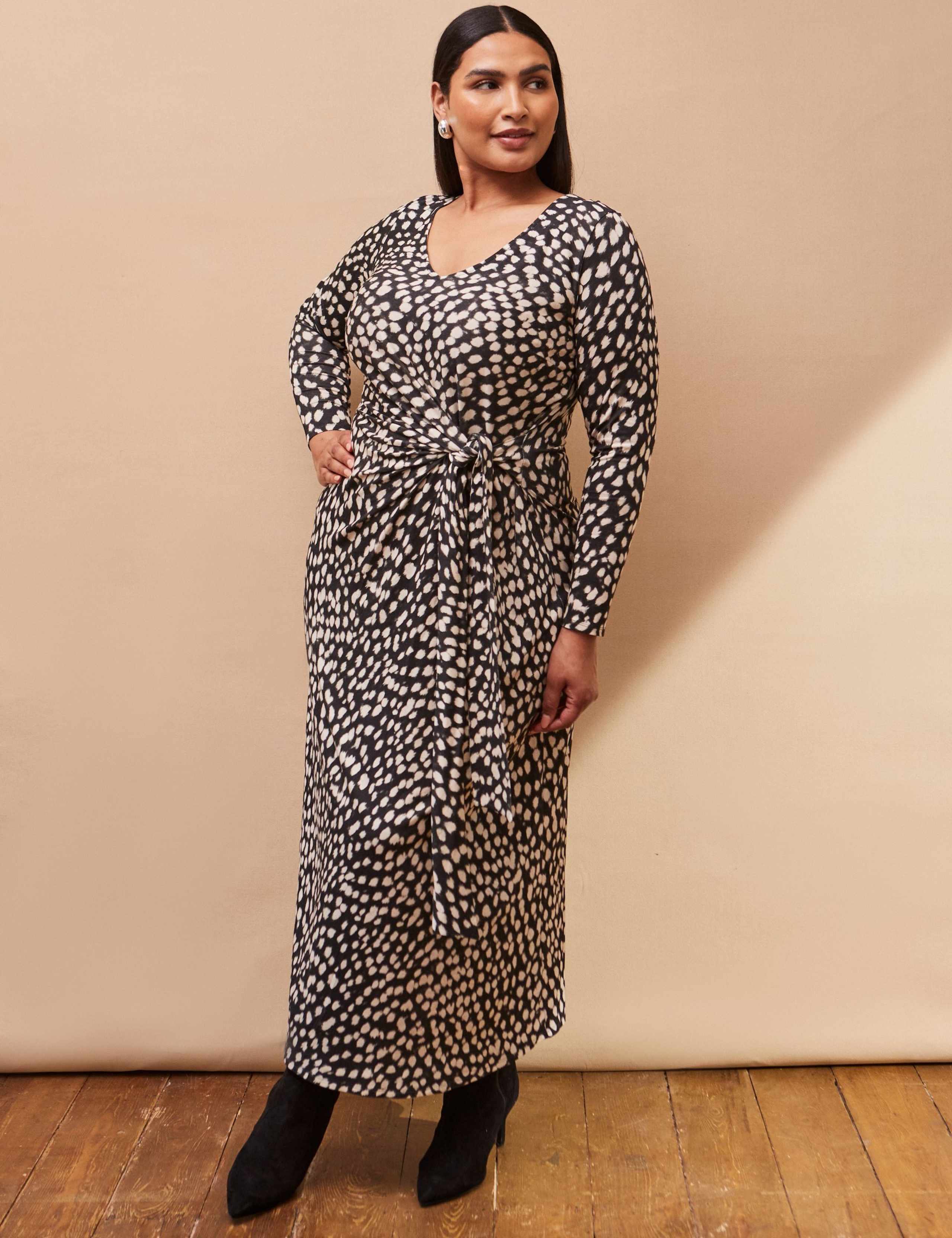Jersey Animal Print V-Neck Tie Waist Maxi Dress