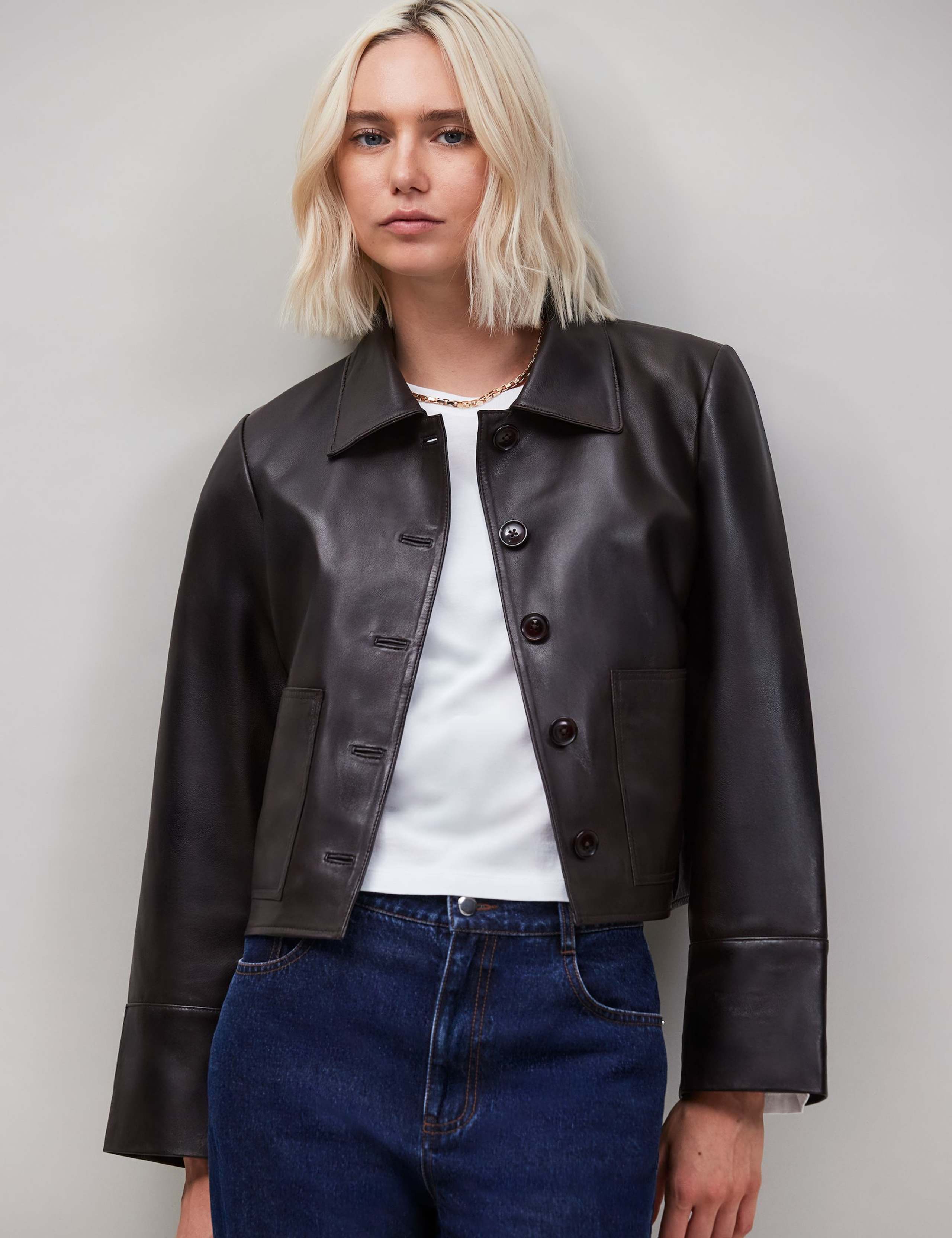 Leather Collared Short Jacket