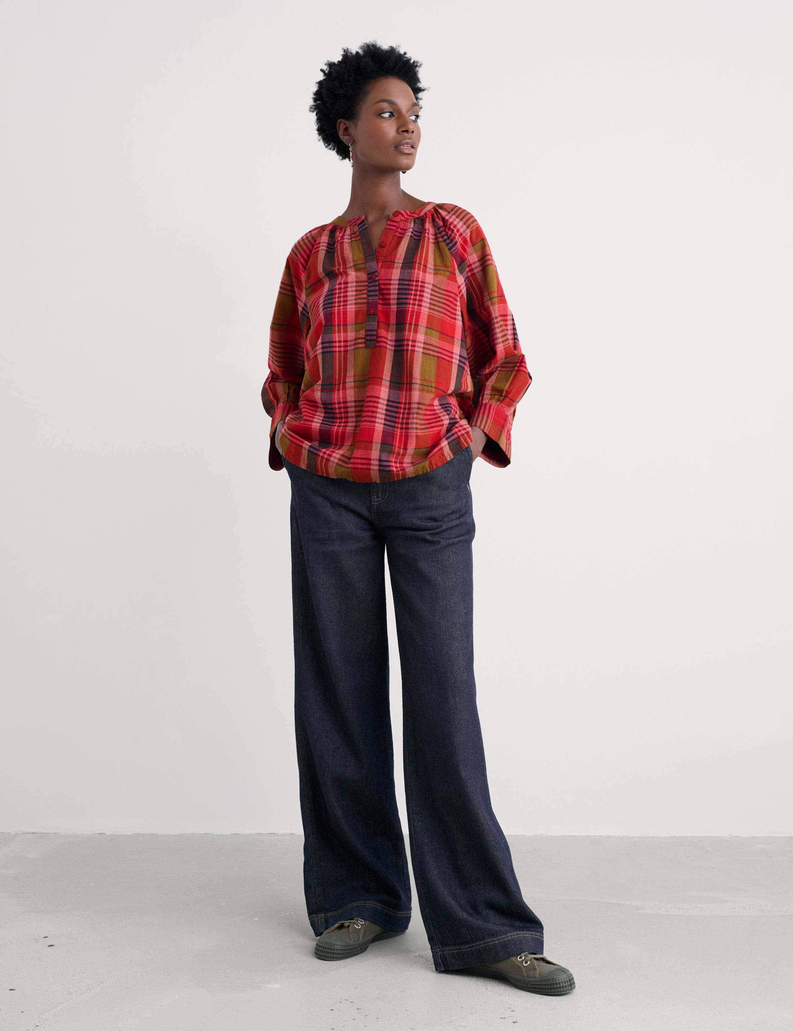 Pure Cotton Collarless Checked Shirt