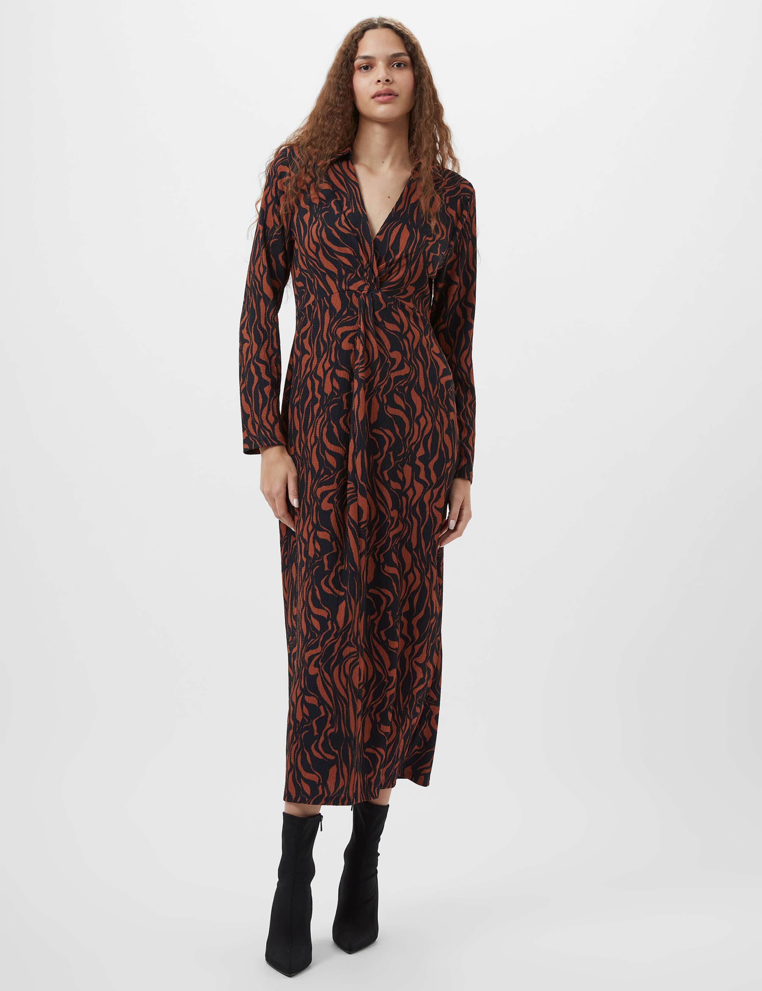 Jacquard V-Neck Twist Front Midi Shift Dress