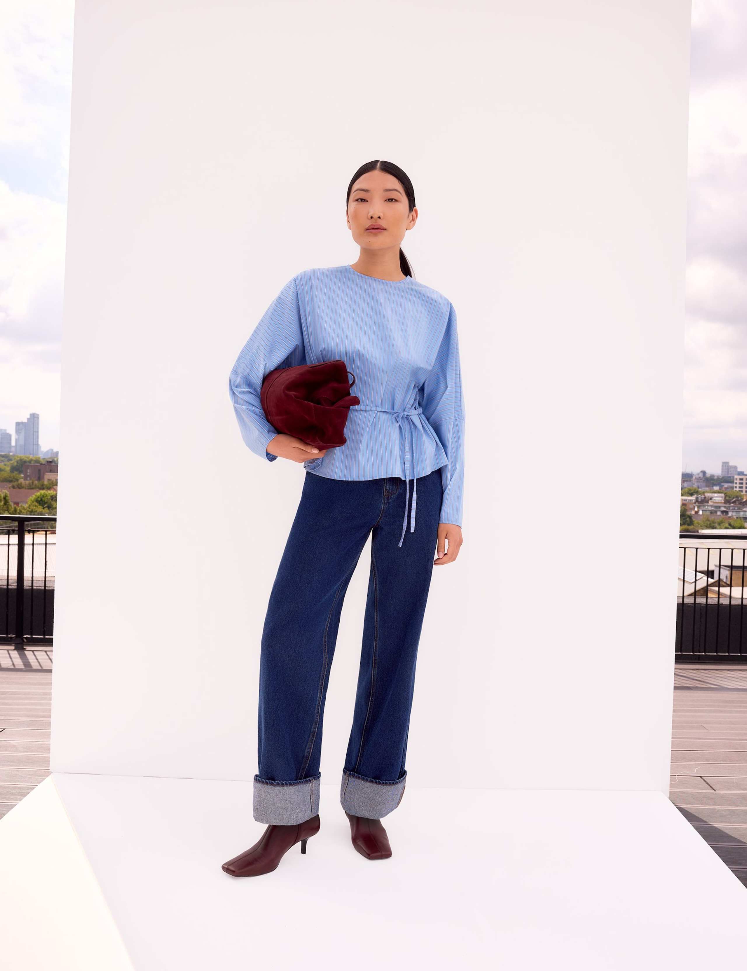 Blue Stripe Tie Waist Blouse