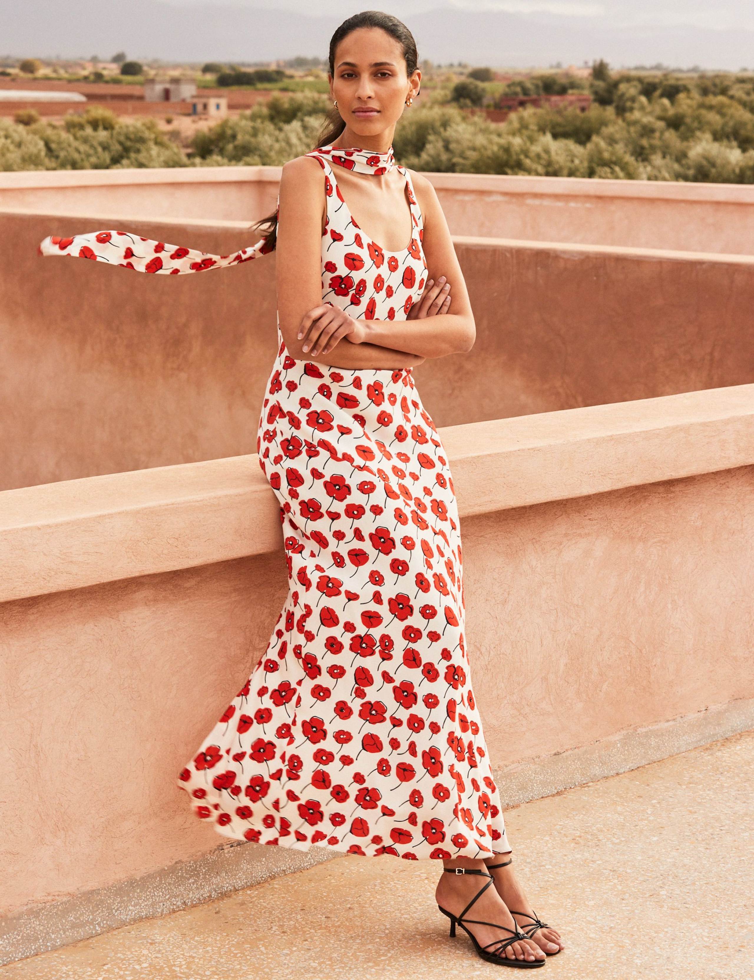 Ella Red Poppy-Print Scarf Detail Maxi Dress