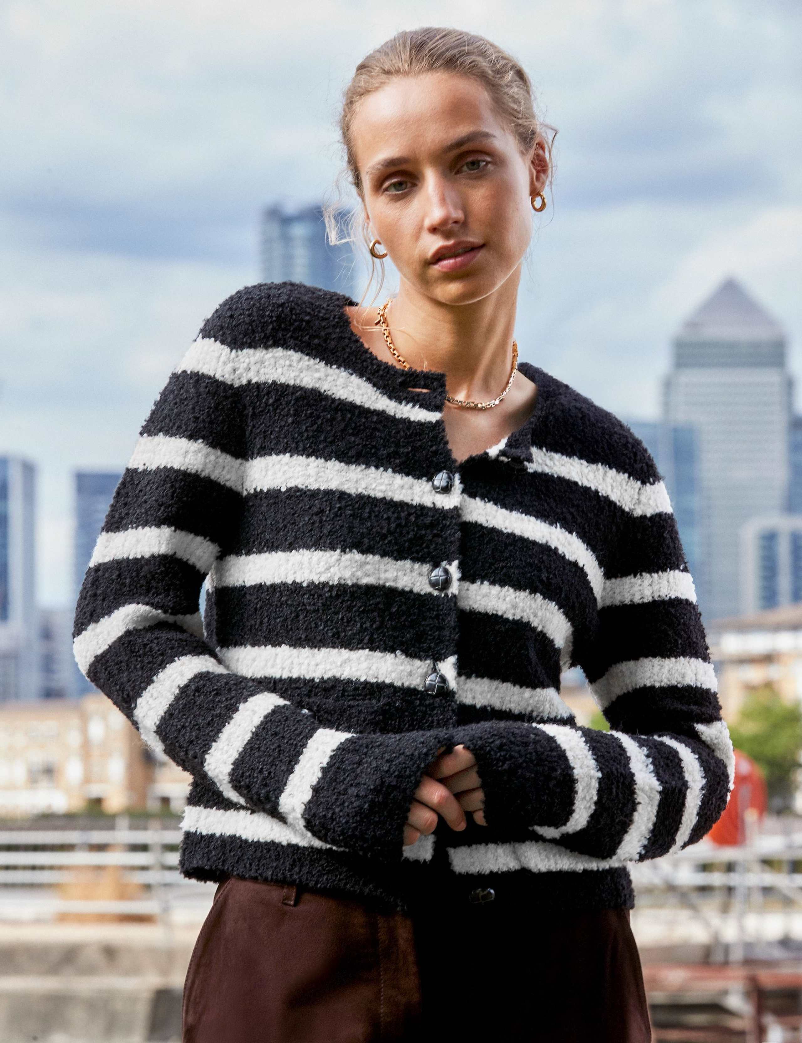 Striped Crew Neck  Boucle Cardigan