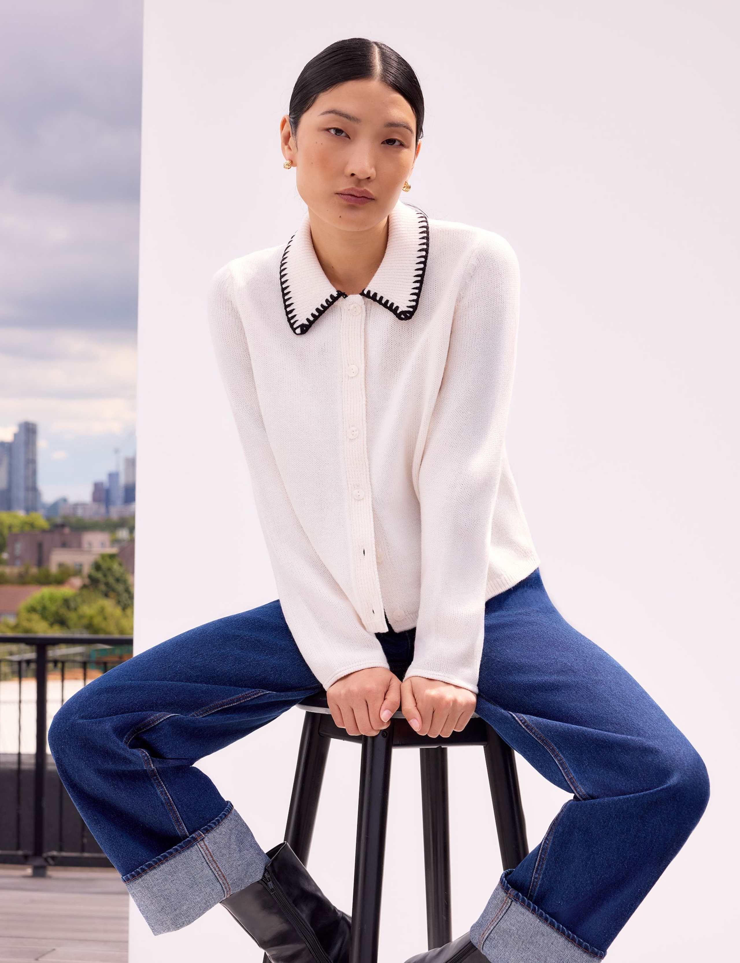 Ivory Contrast-Stitch Collared Cardigan with Wool