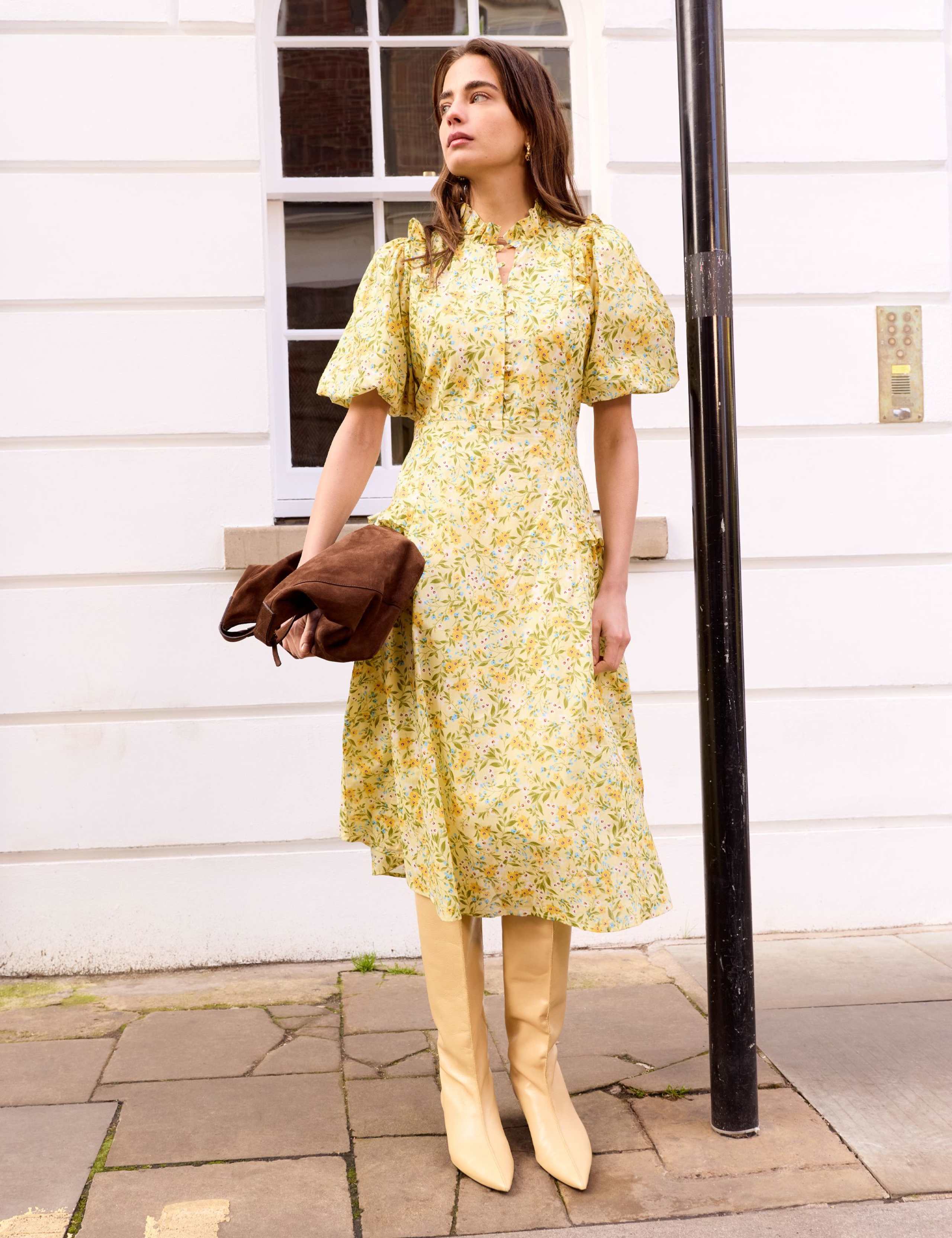 Pure Cotton Floral Puff Sleeve Midi Dress