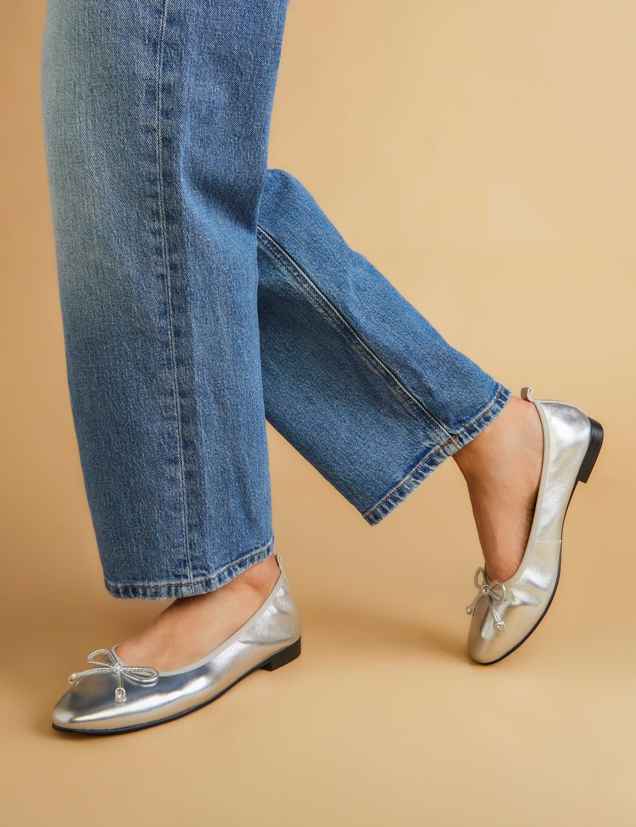 Leather Metallic Flat Ballet Pumps