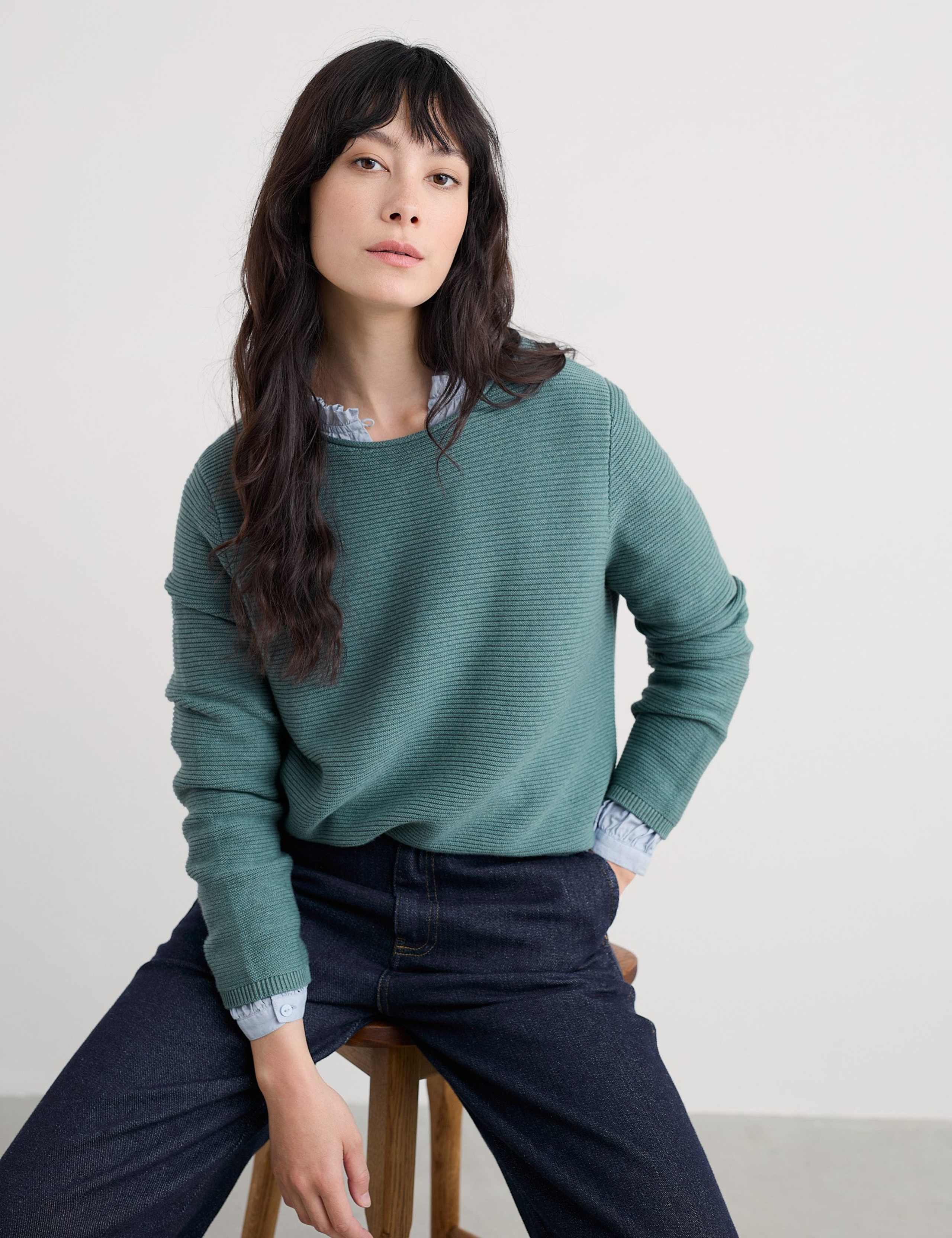 Pure Cotton Ribbed Crew Neck Relaxed Jumper