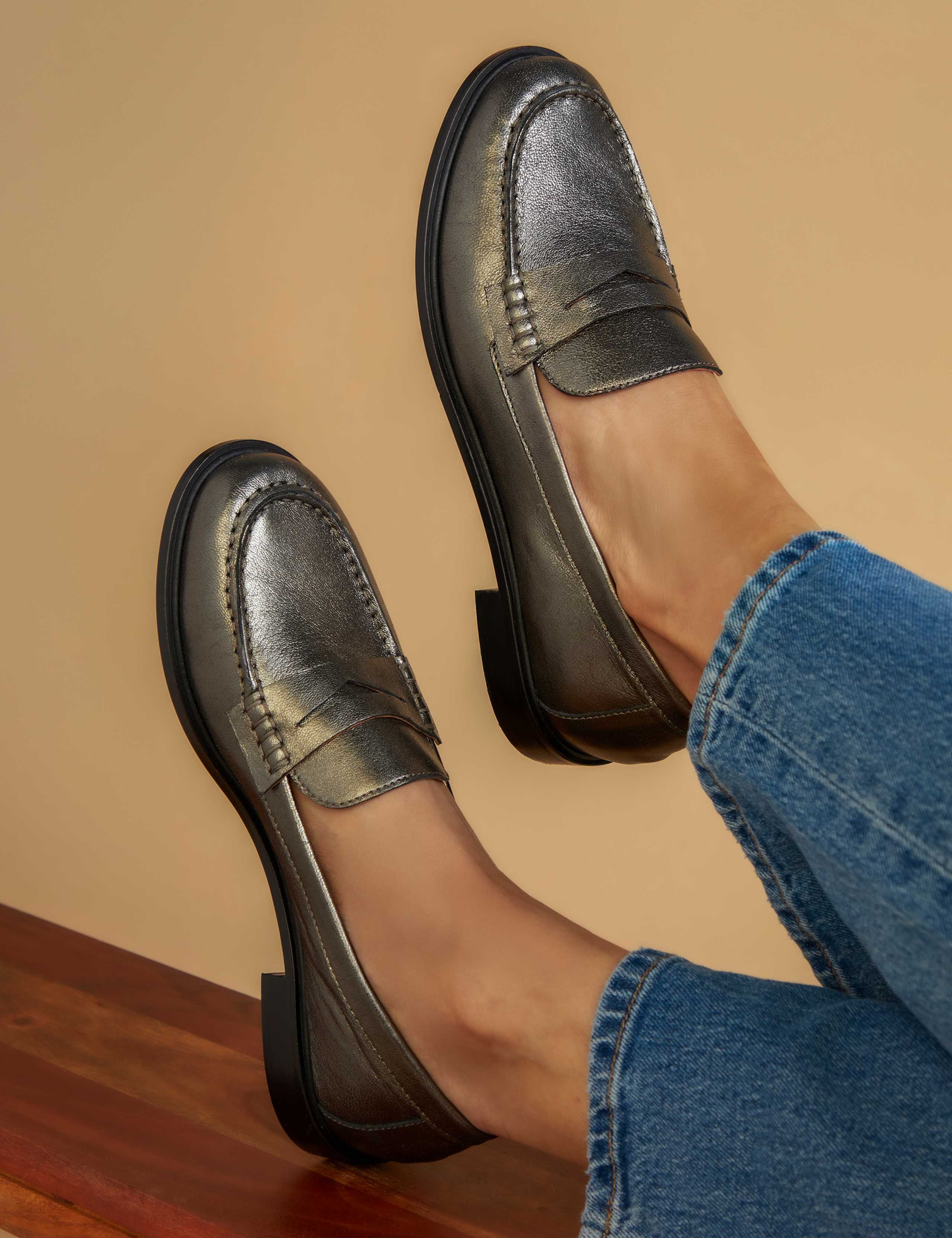Wide Fit Leather Block Heel Loafers