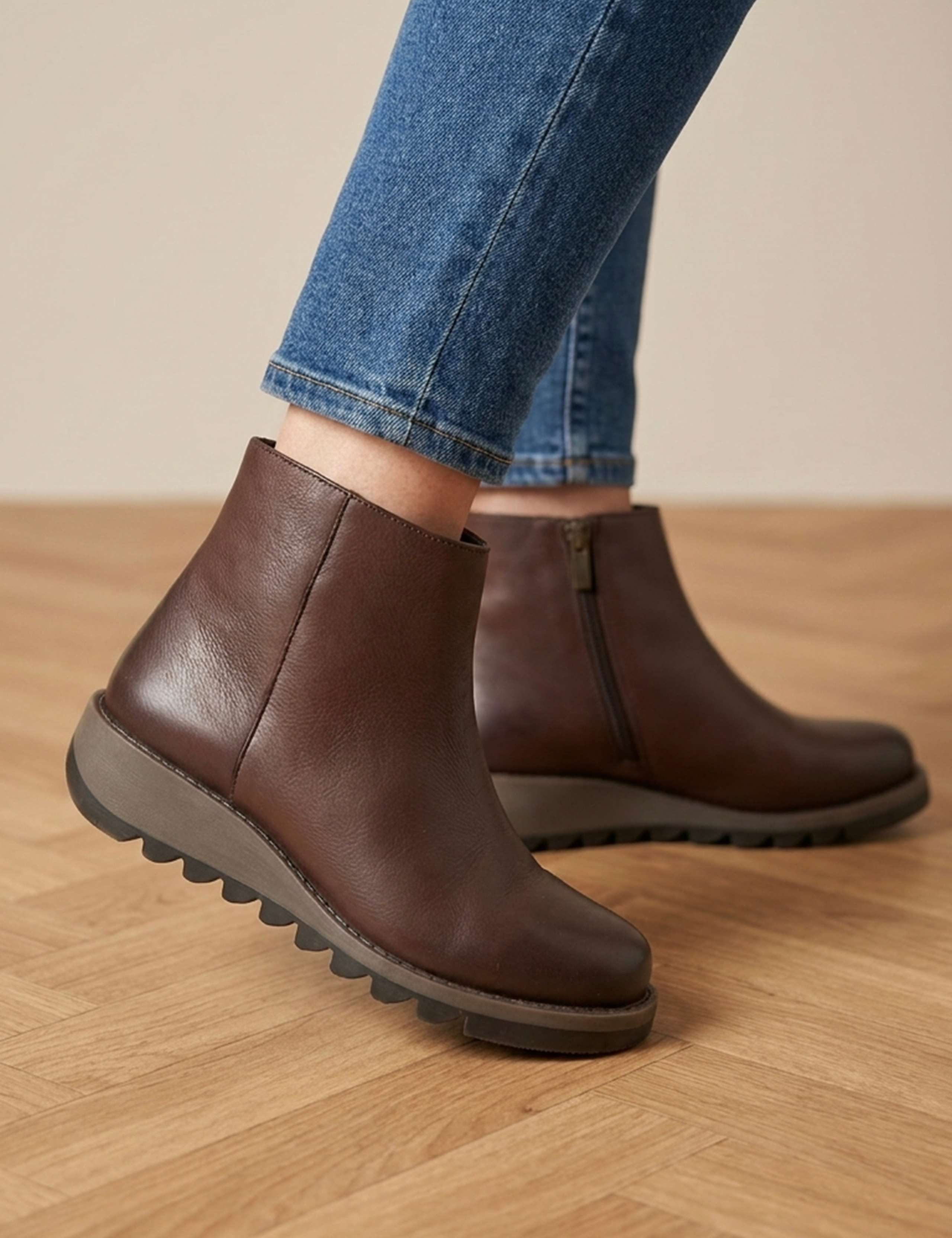 Leather Chunky Wedge Ankle Boots