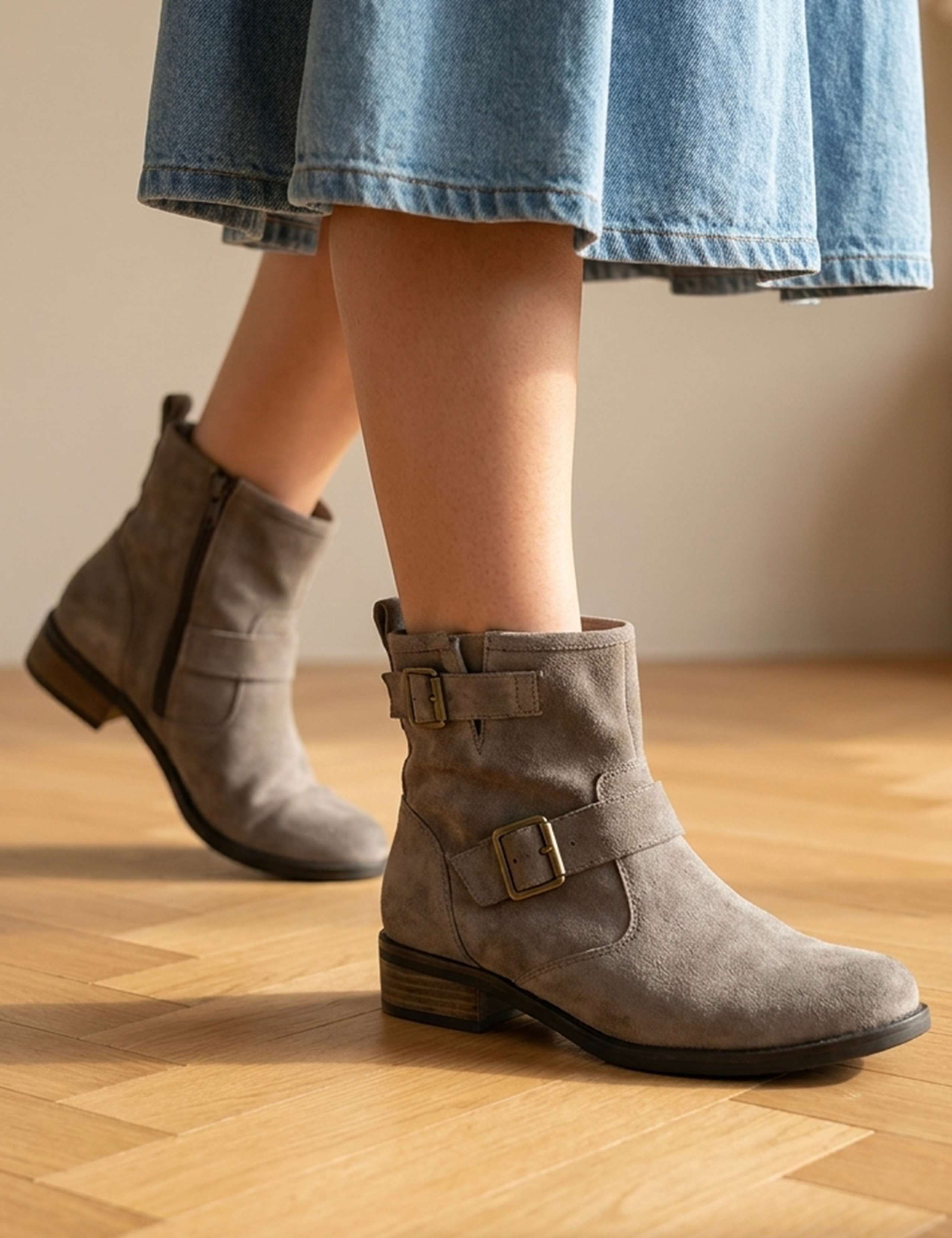 Suede Buckle Block Heel Ankle Boots
