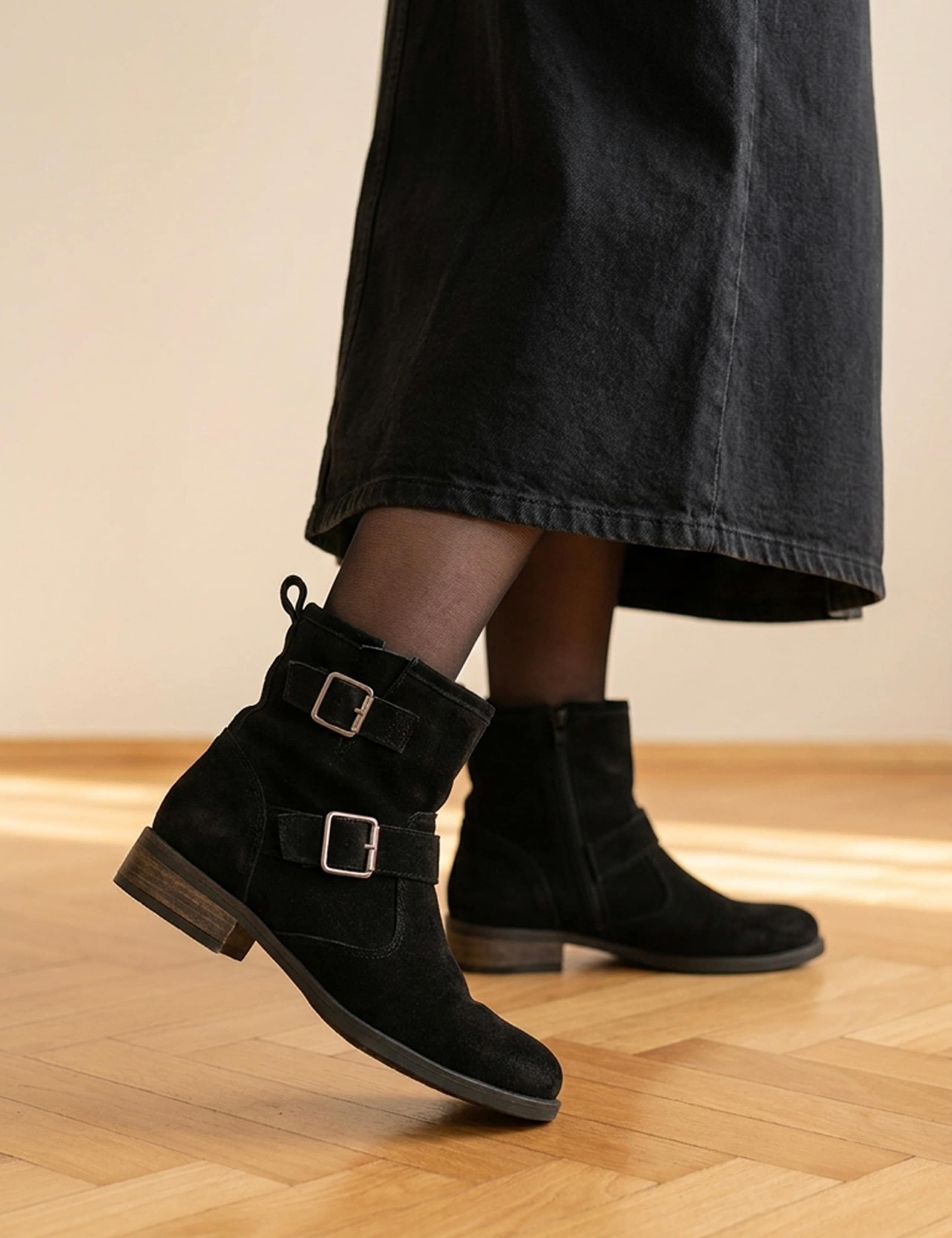 Suede Buckle Block Heel Ankle Boots