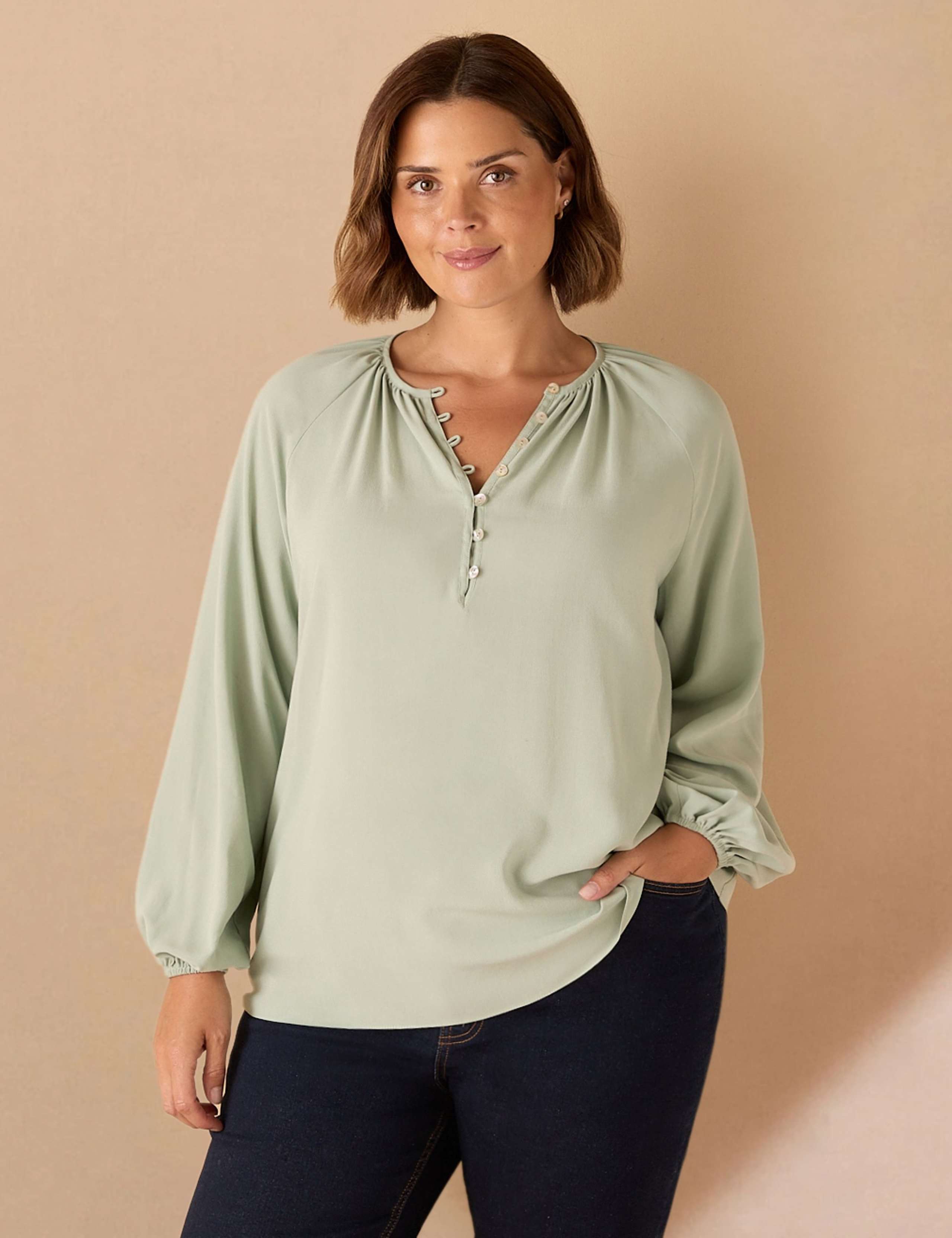 Round Neck Tie Front Blouson Sleeve Blouse