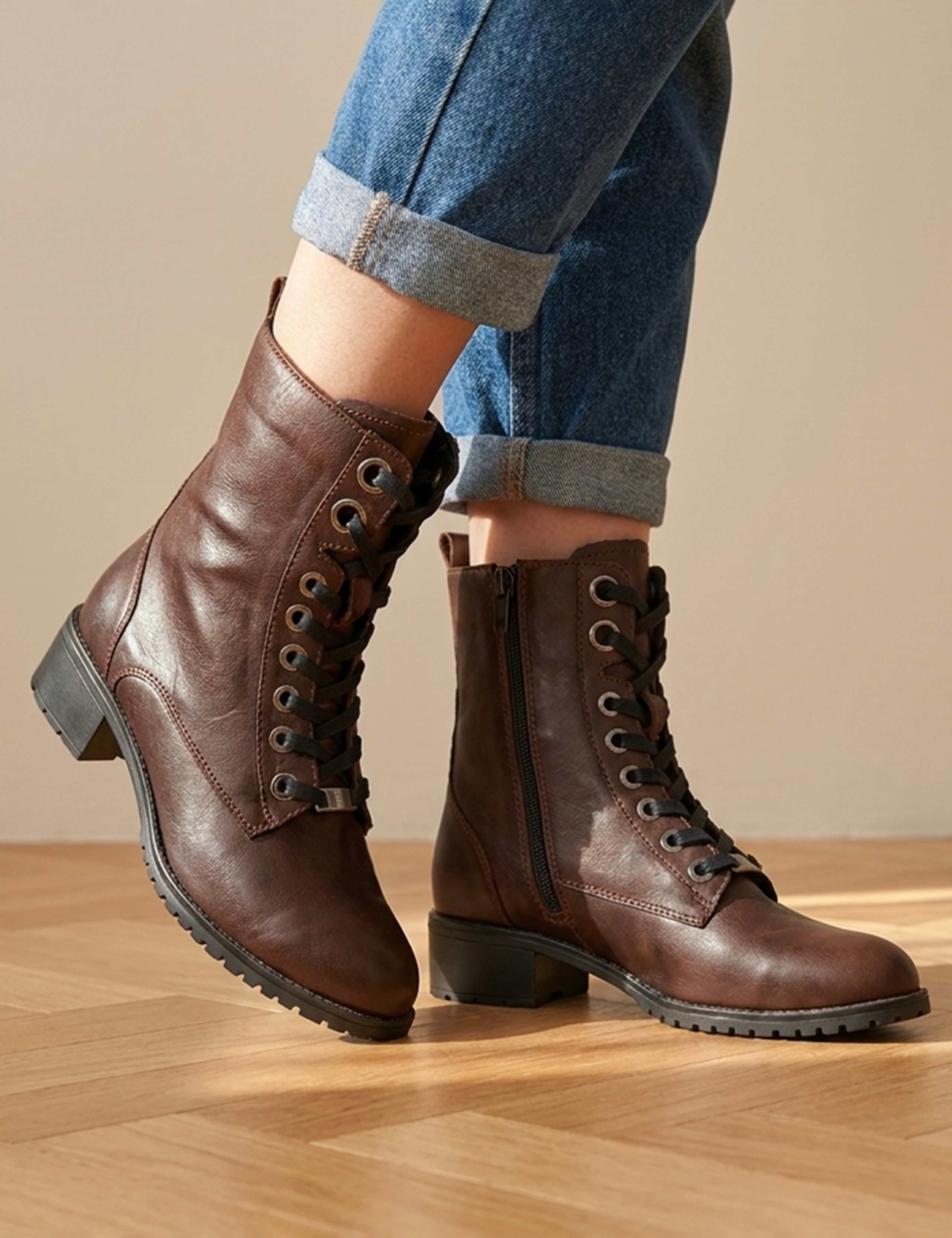 Leather Lace Up Block Heel Ankle Boots