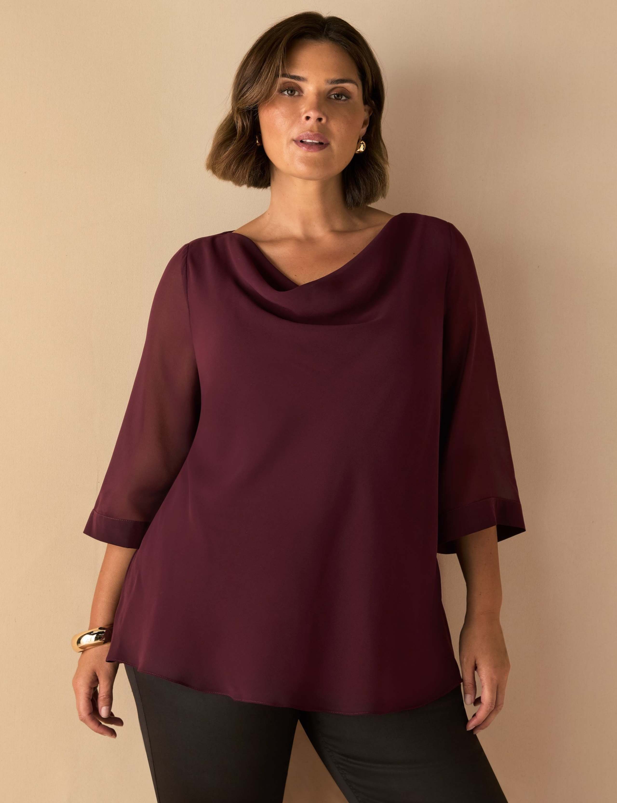 Cowl Neck Chiffon Overlay Top