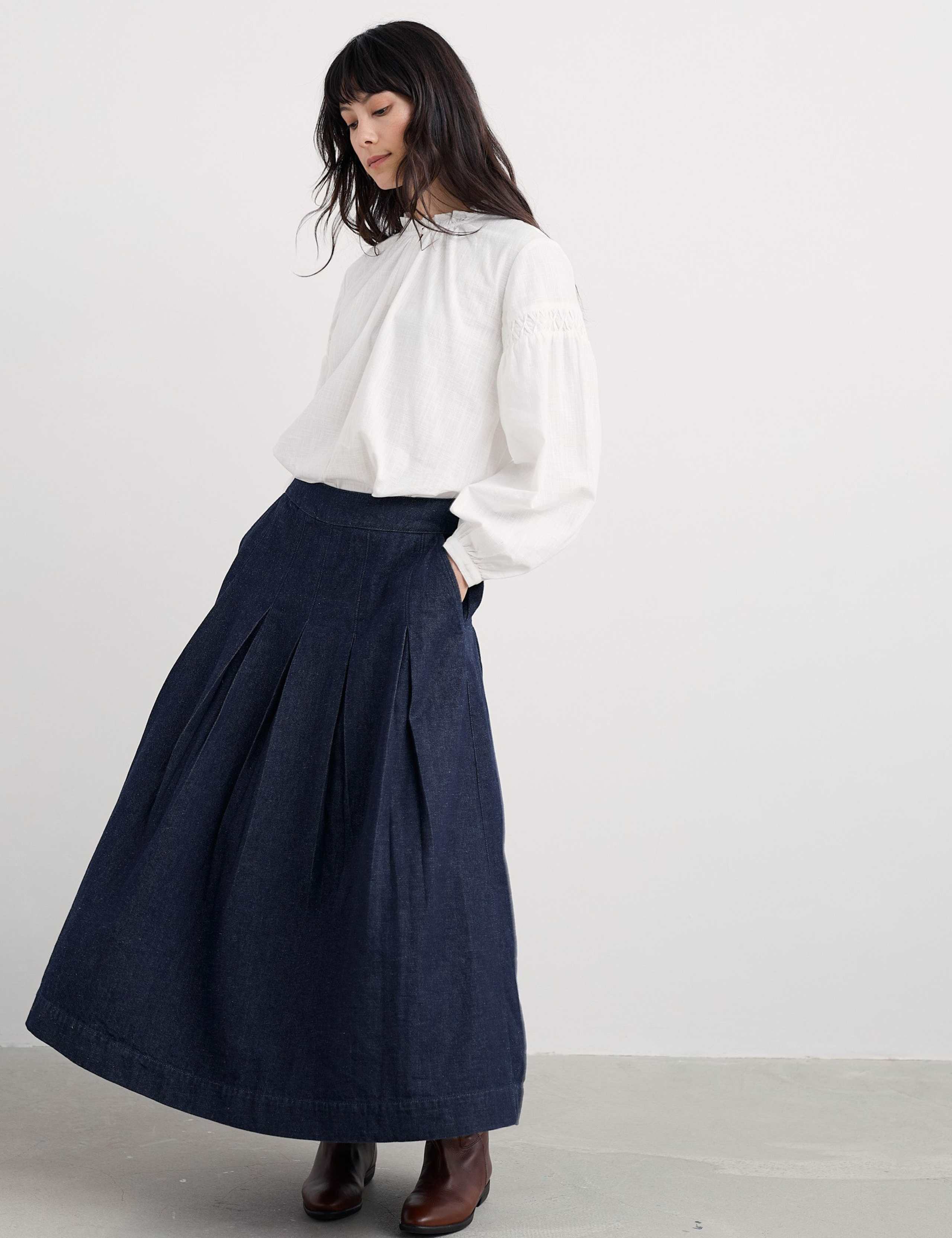 Denim A-Line Midi Skirt with Linen