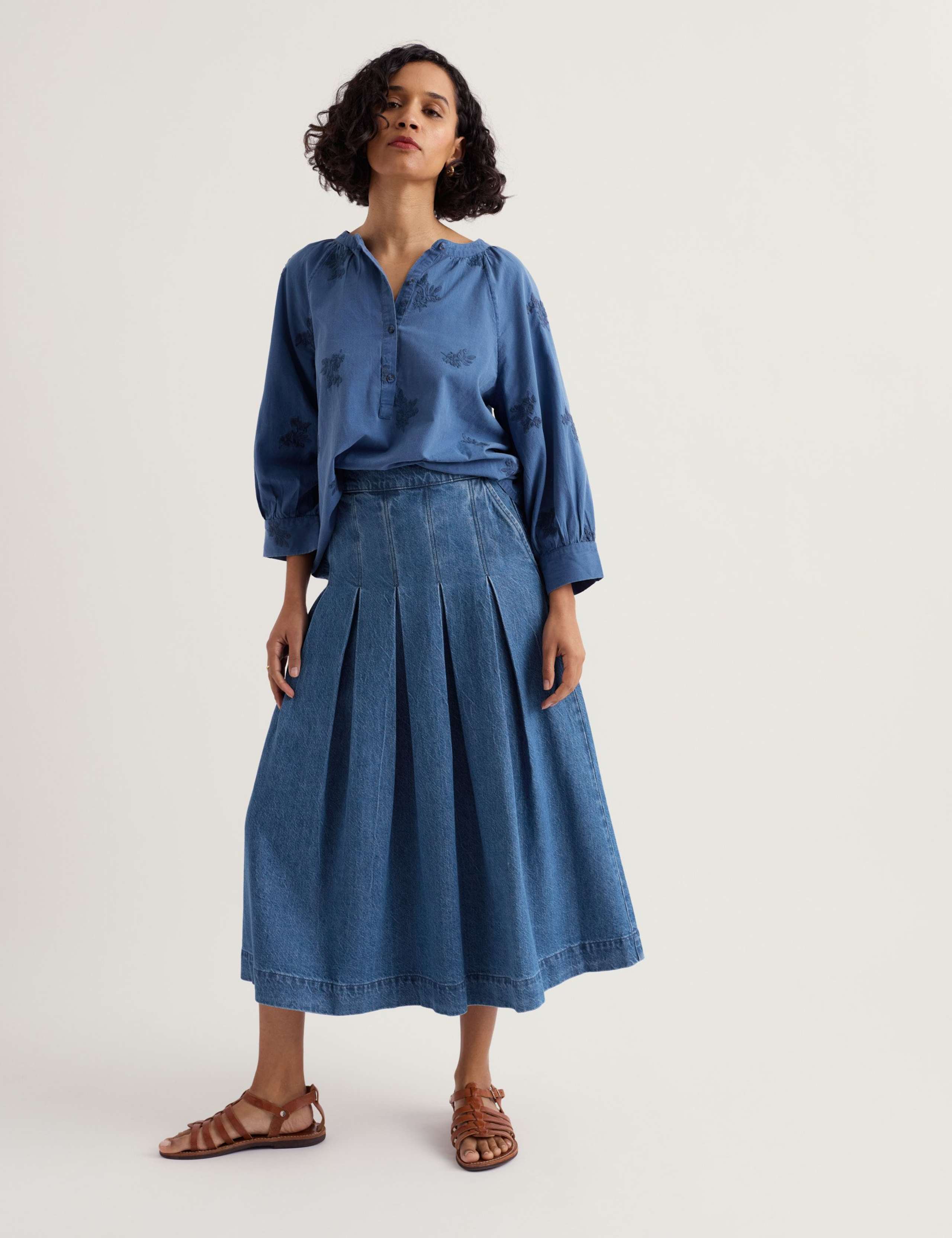 Denim A-Line Midi Skirt with Linen