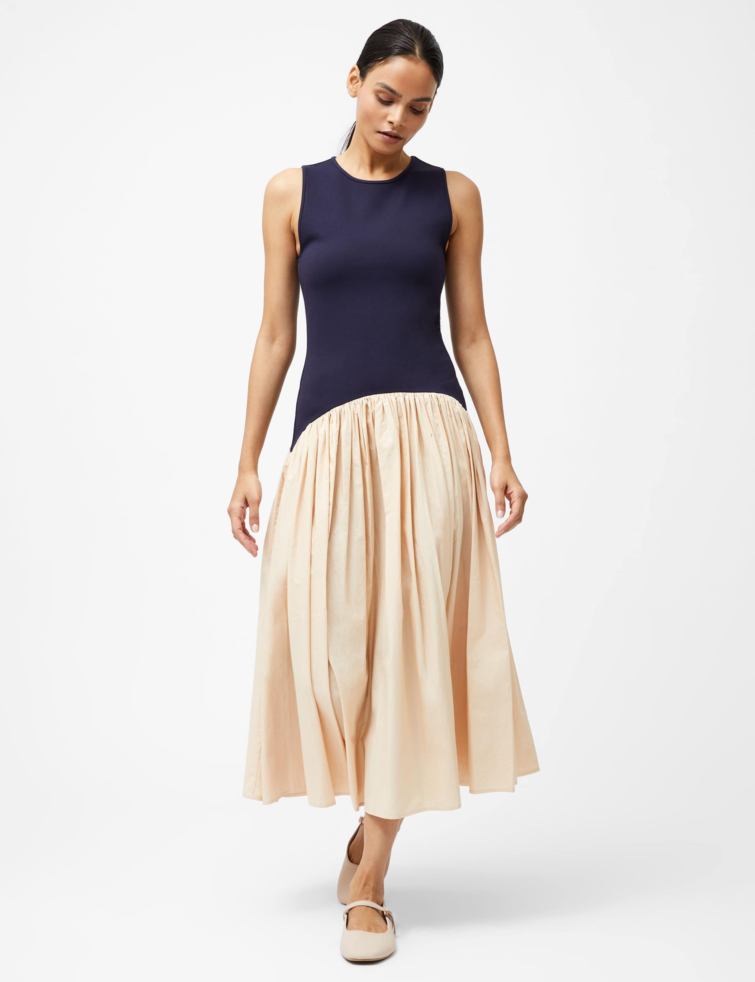 Round Neck Mix Pleated Midi Drop Waist Dress
