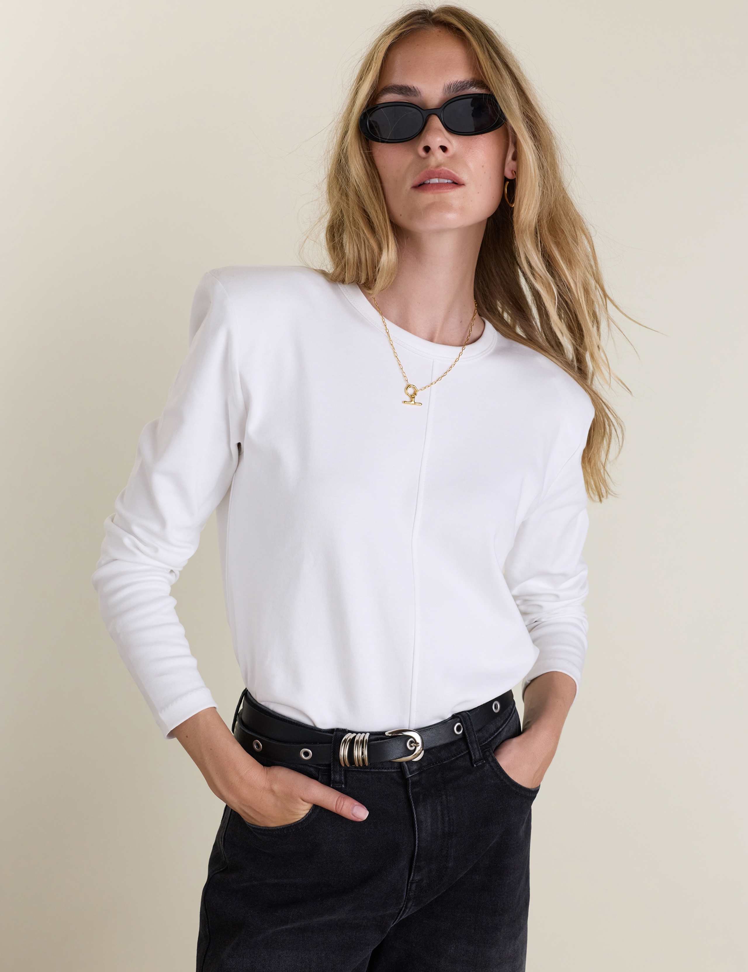 Pure Cotton Crew Neck Strong Shoulder Top