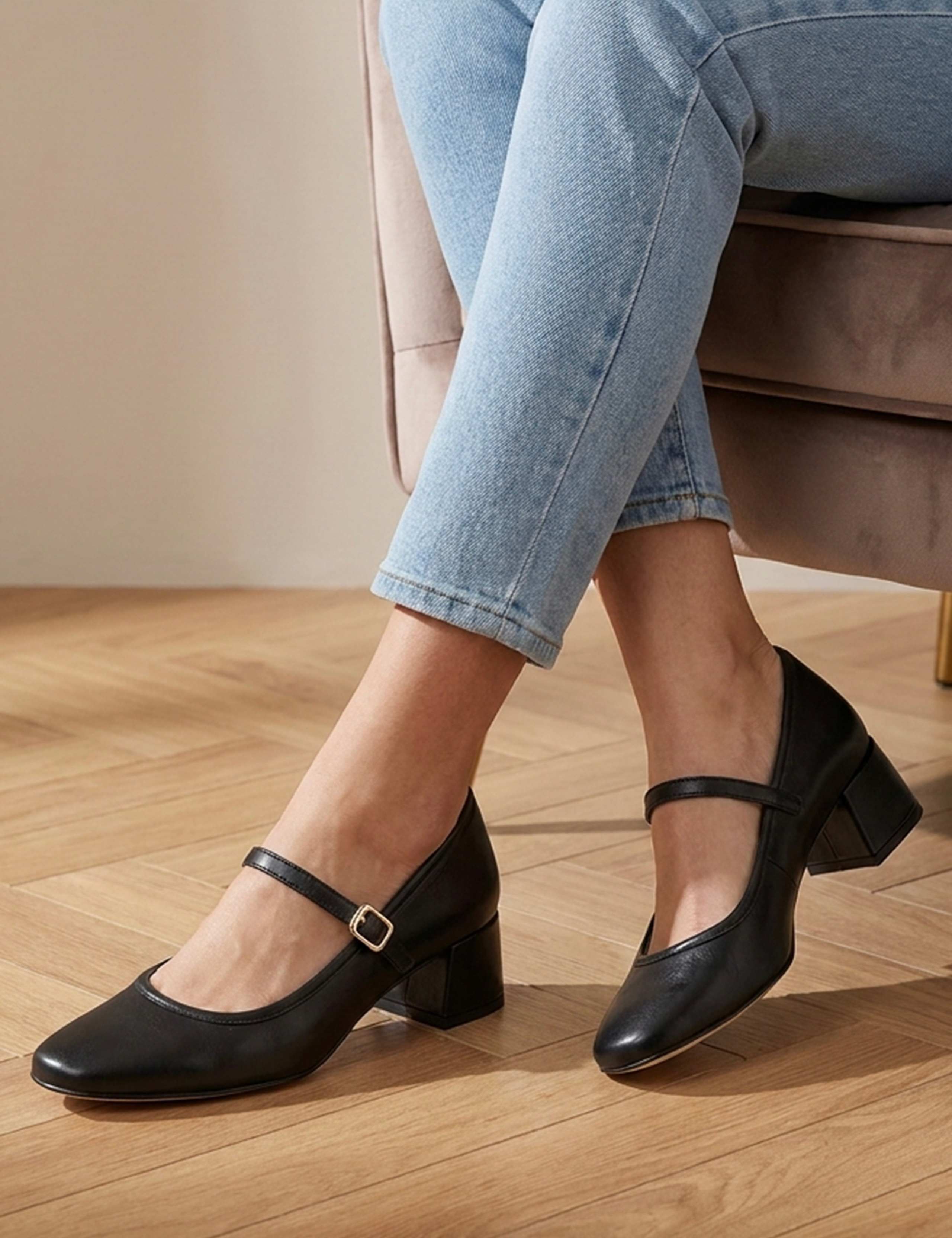 Leather Block Heel Mary Jane Shoes