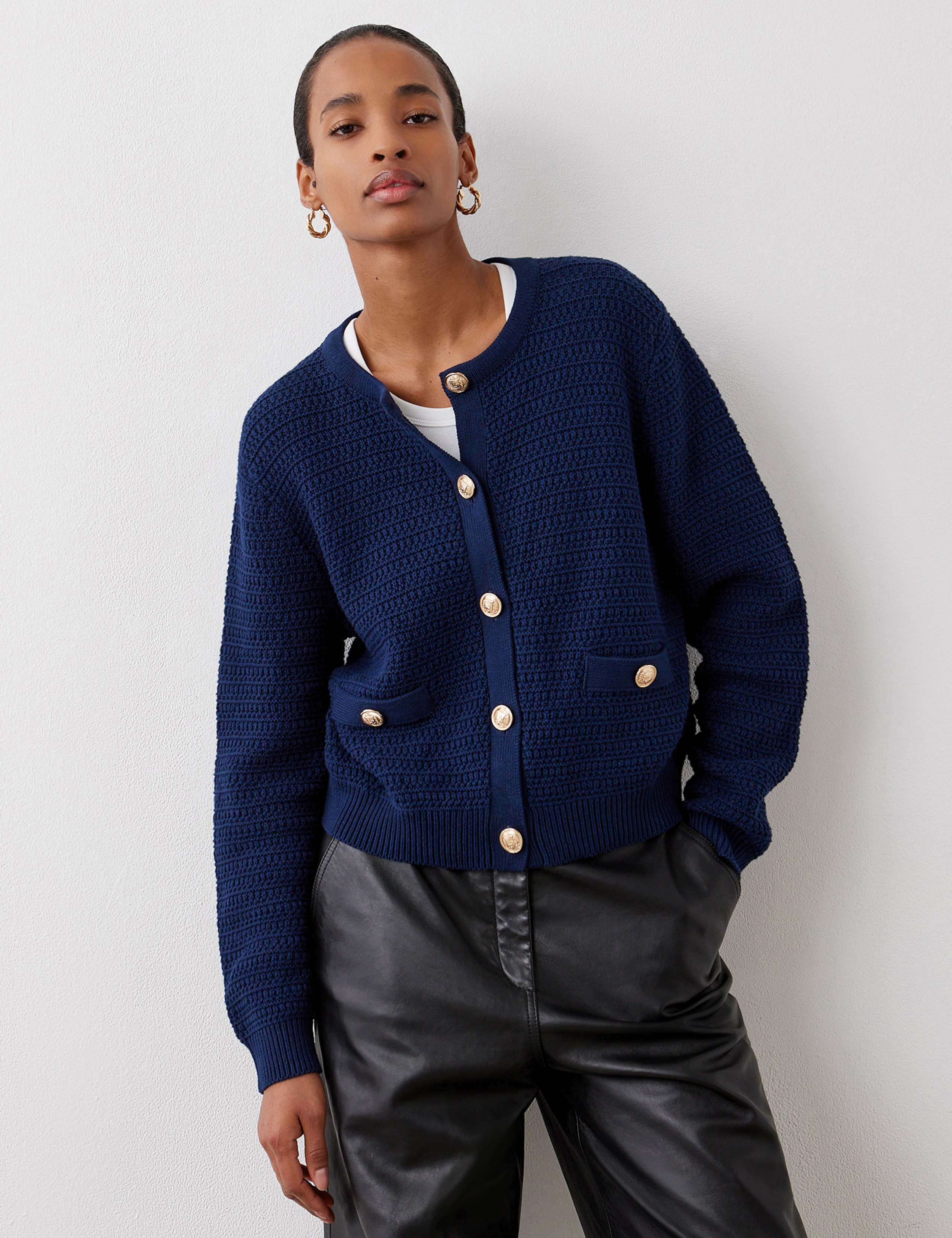 Pure Cotton Crew Neck Button Front Cardigan