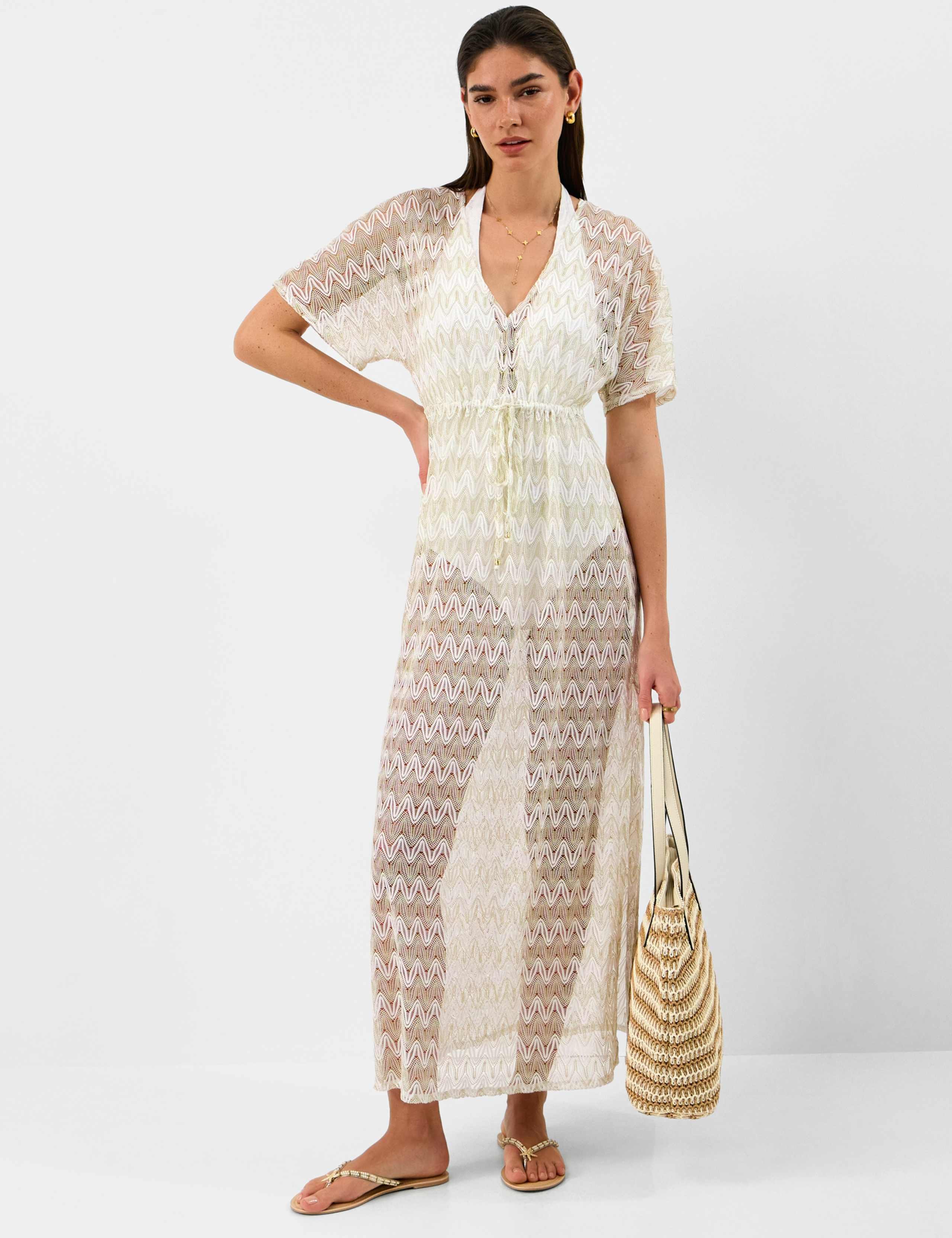 Textured V-Neck Maxi Kaftan Beach Dress