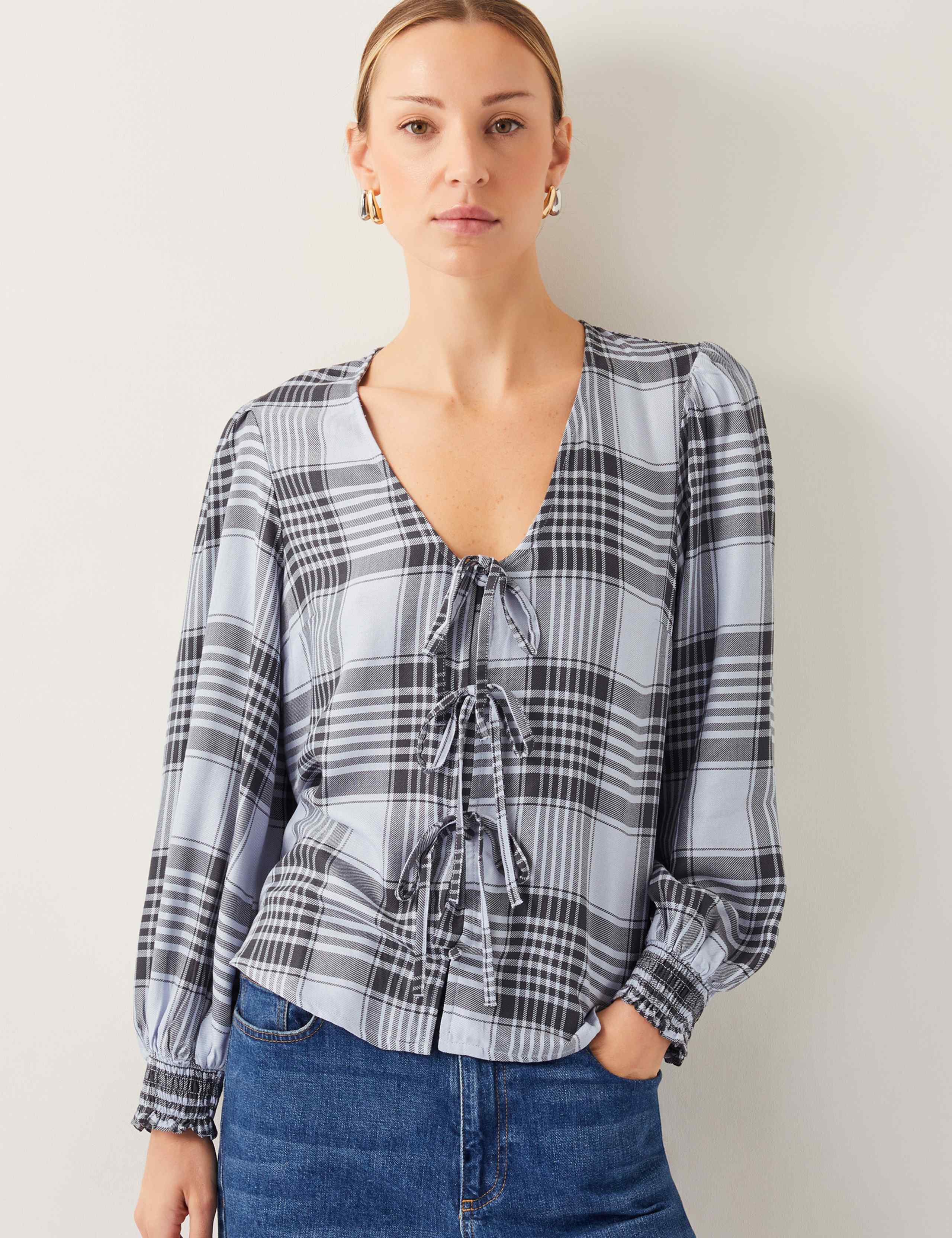 Checked V-Neck Tie Front Puff Sleeve Blouse