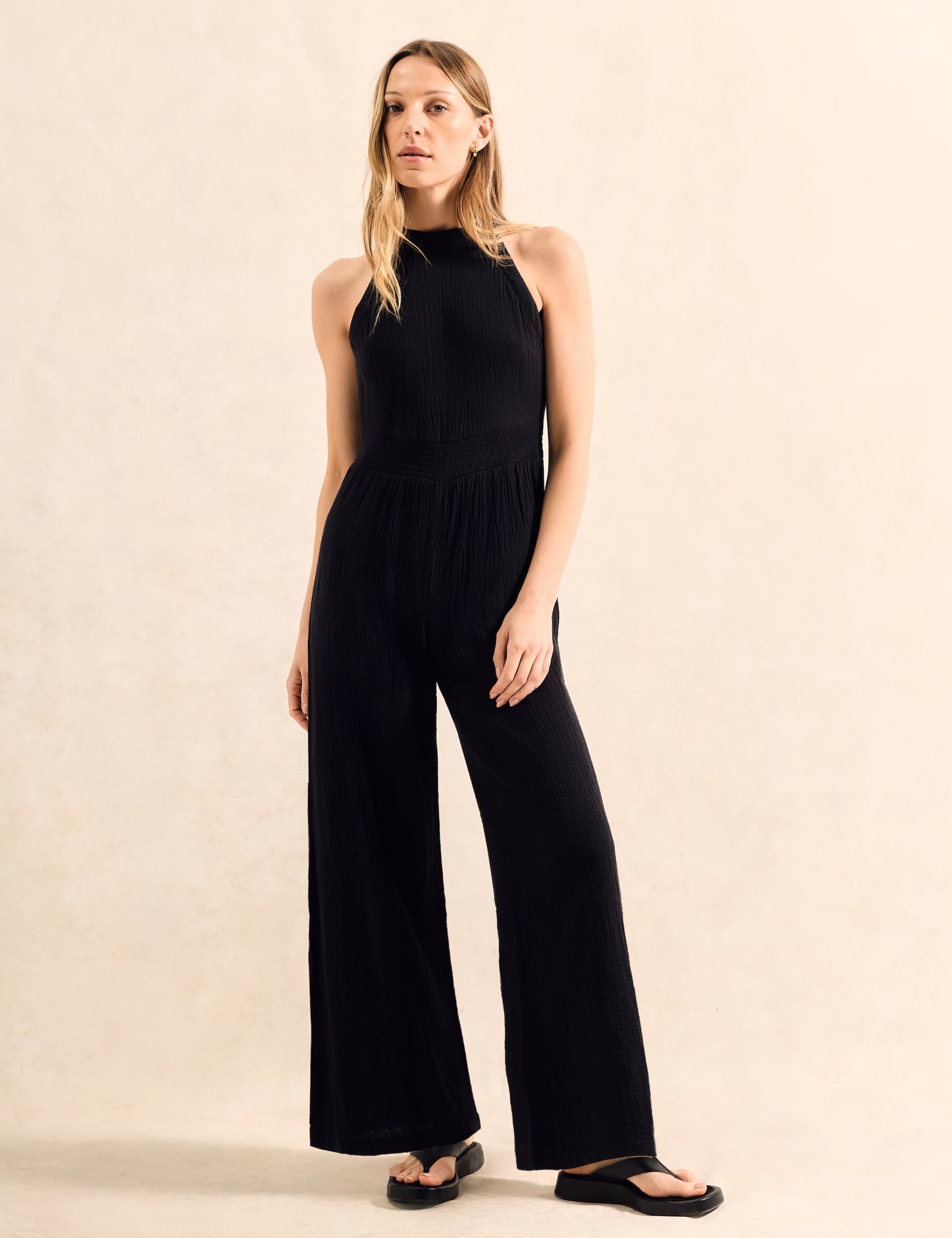 Green Shirred Waist Cheesecloth Jumpsuit