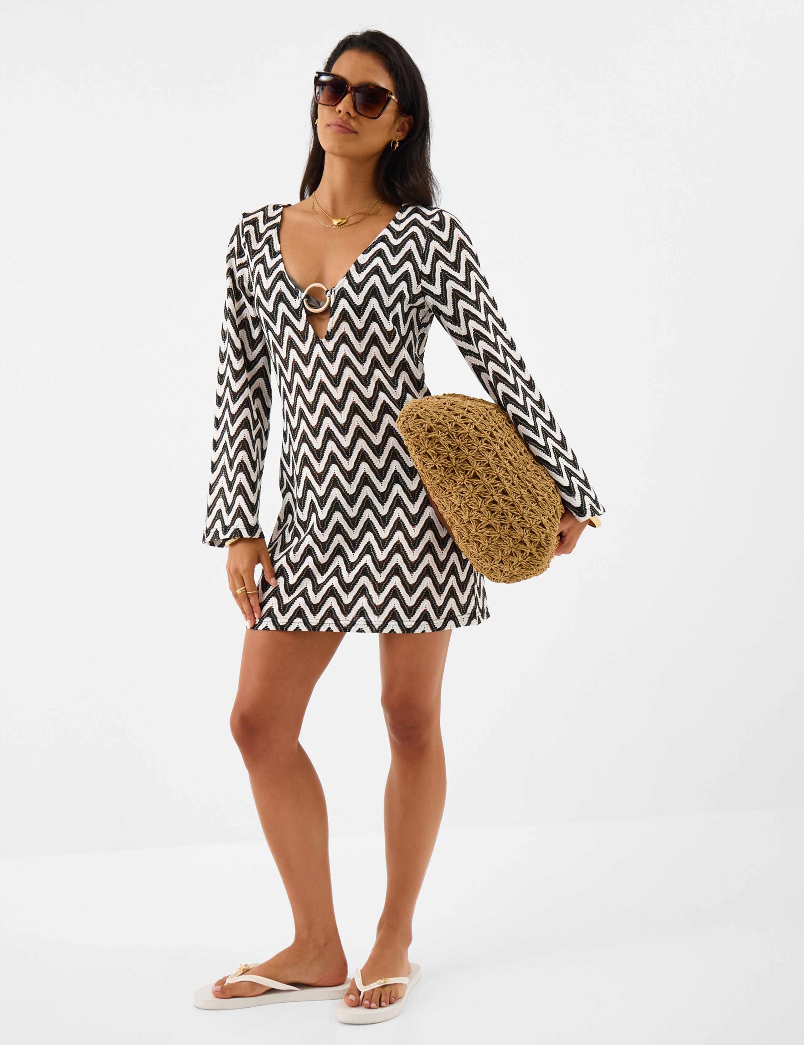 Striped V-Neck Mini Kaftan Beach Dress