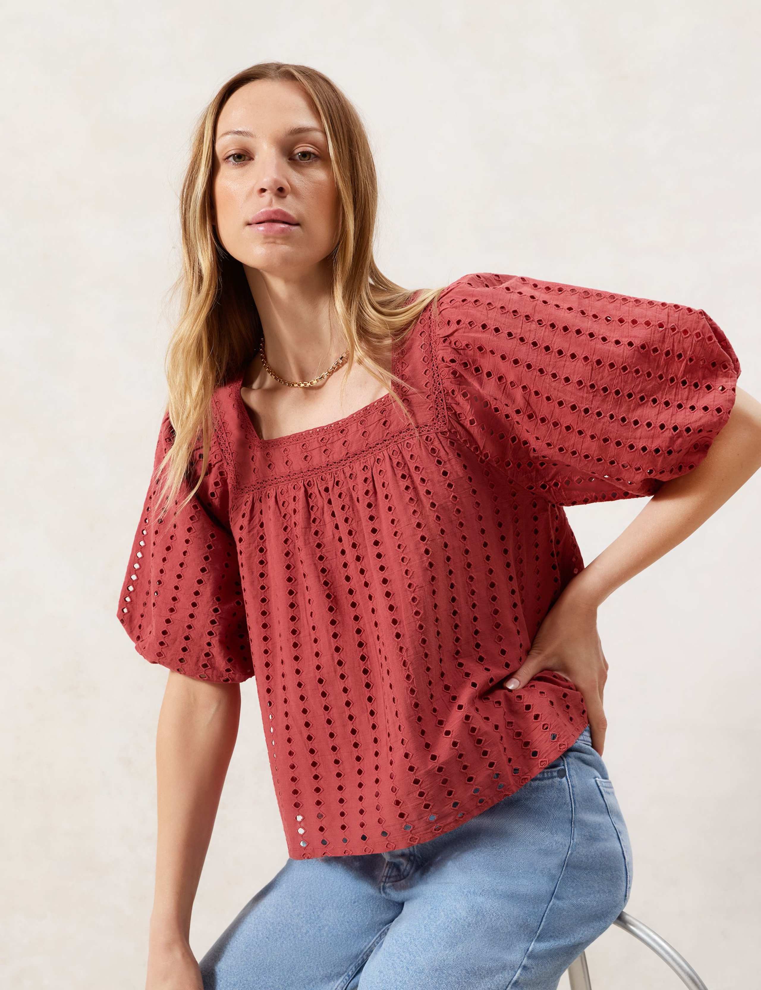 Rust Broderie Anglaise Cotton Smock Top