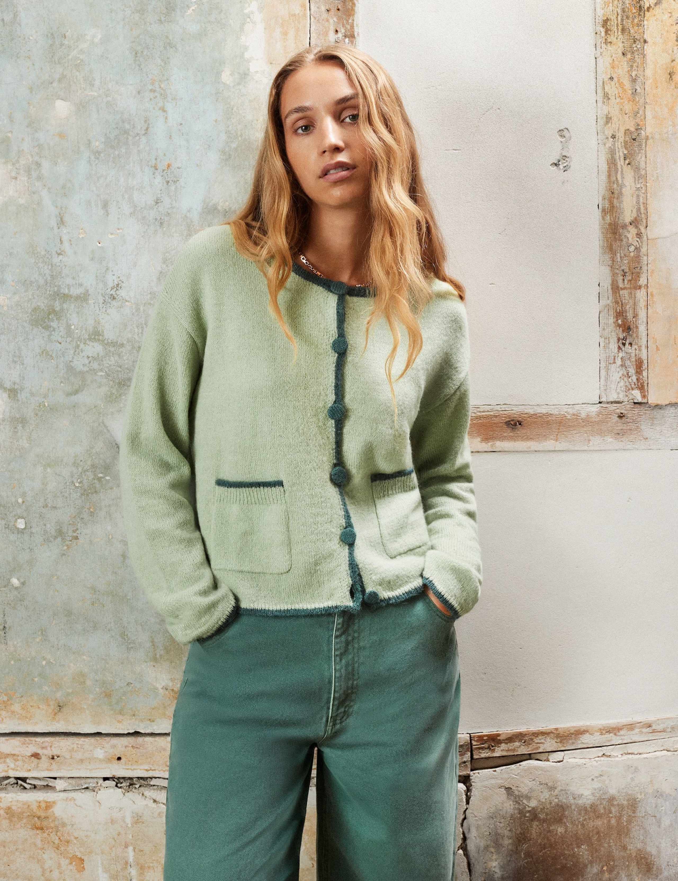 Button Front Tipped Detail Cardigan with Wool