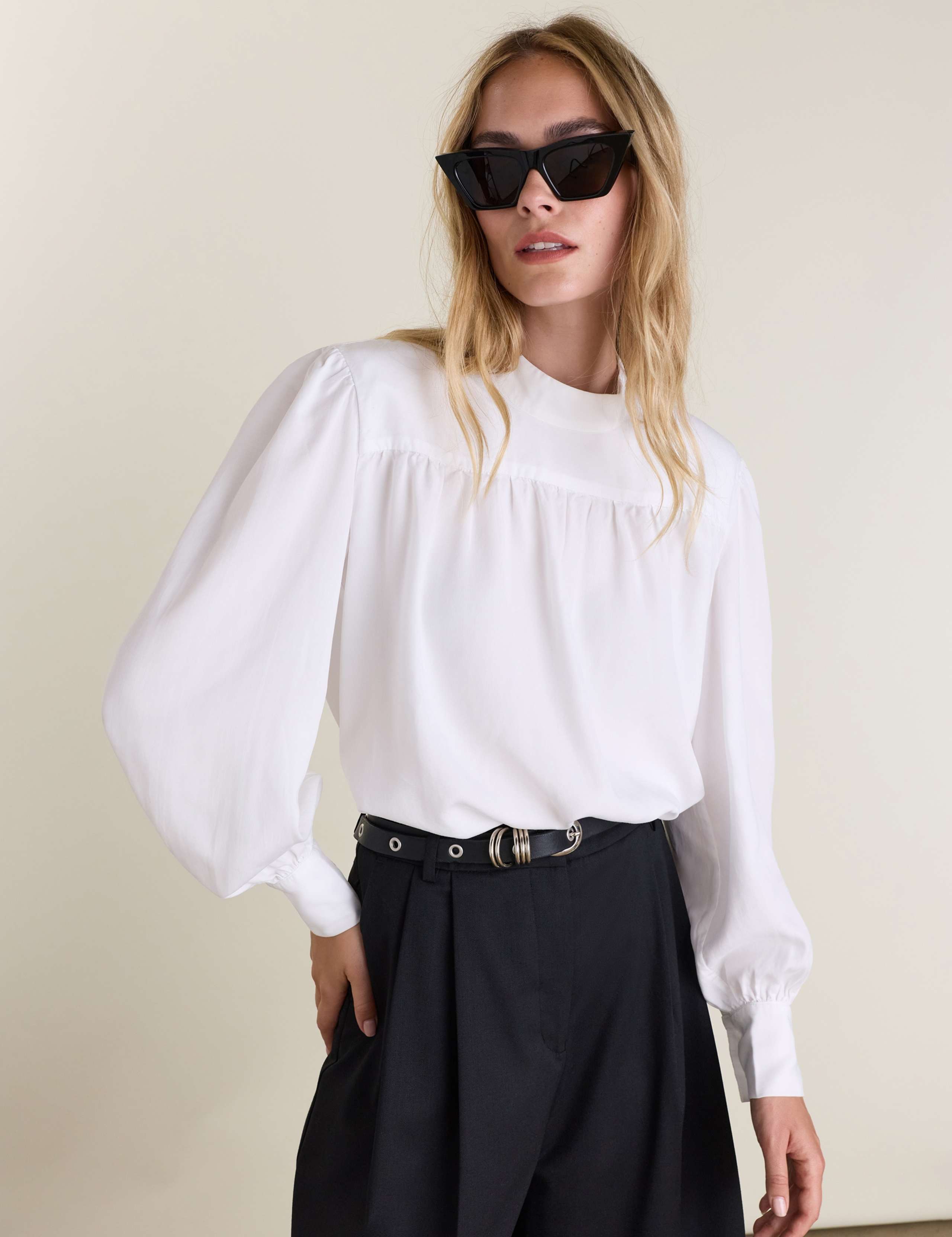 Pure Lyocell Collared Strong Shoulder Blouse