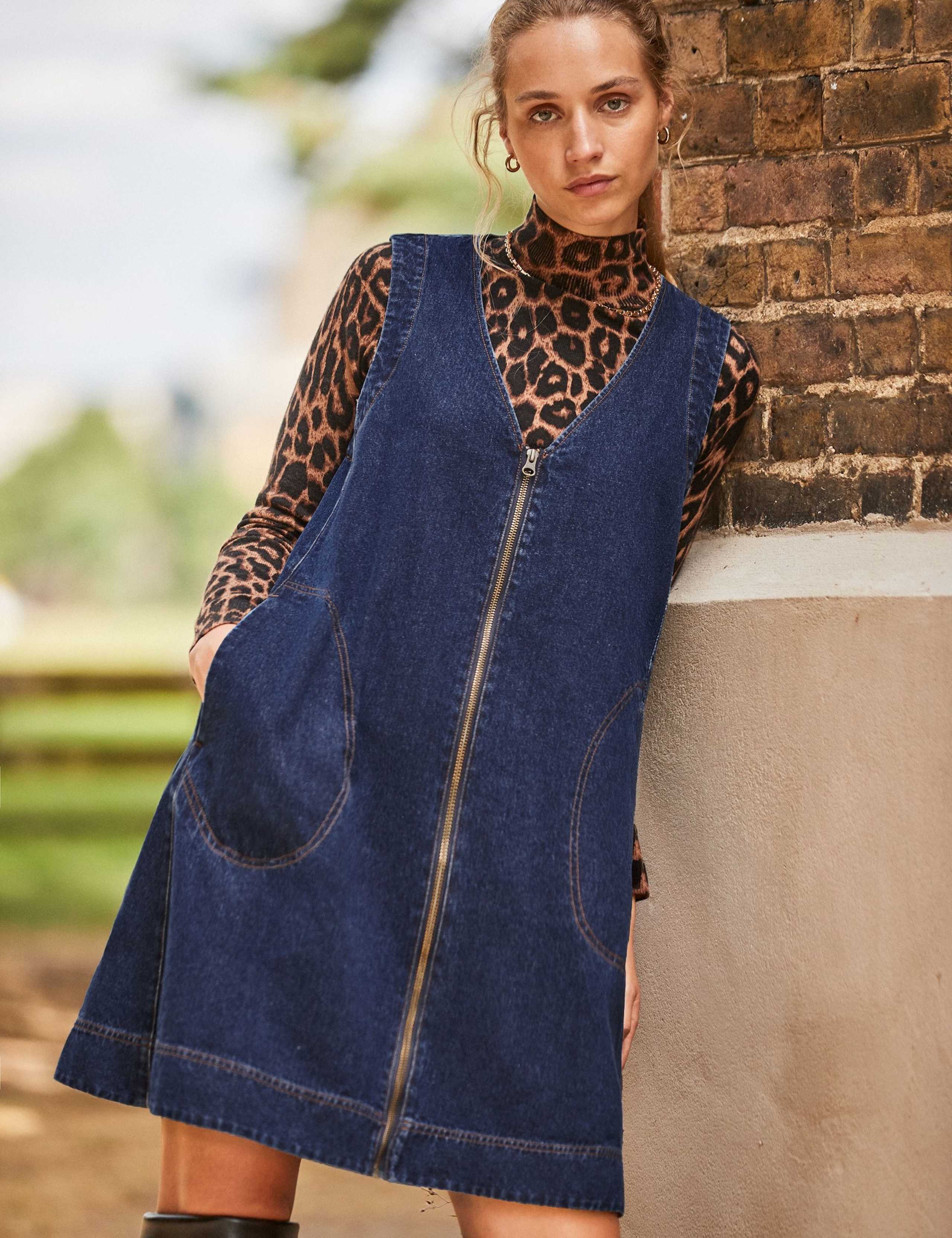 Denim V-Neck Zip Up Mini Shift Dress
