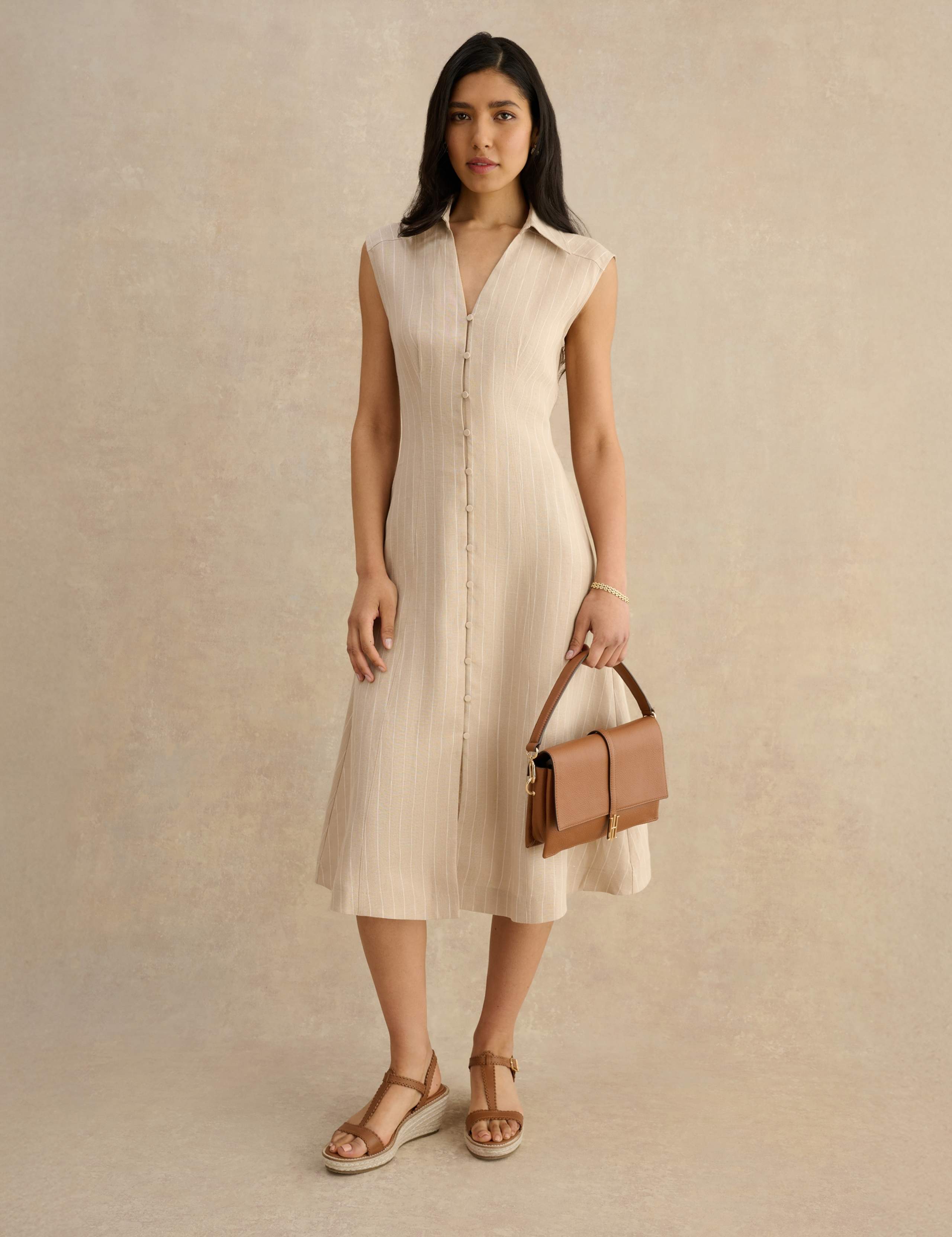 Pure Linen Striped Midi Shirt Dress