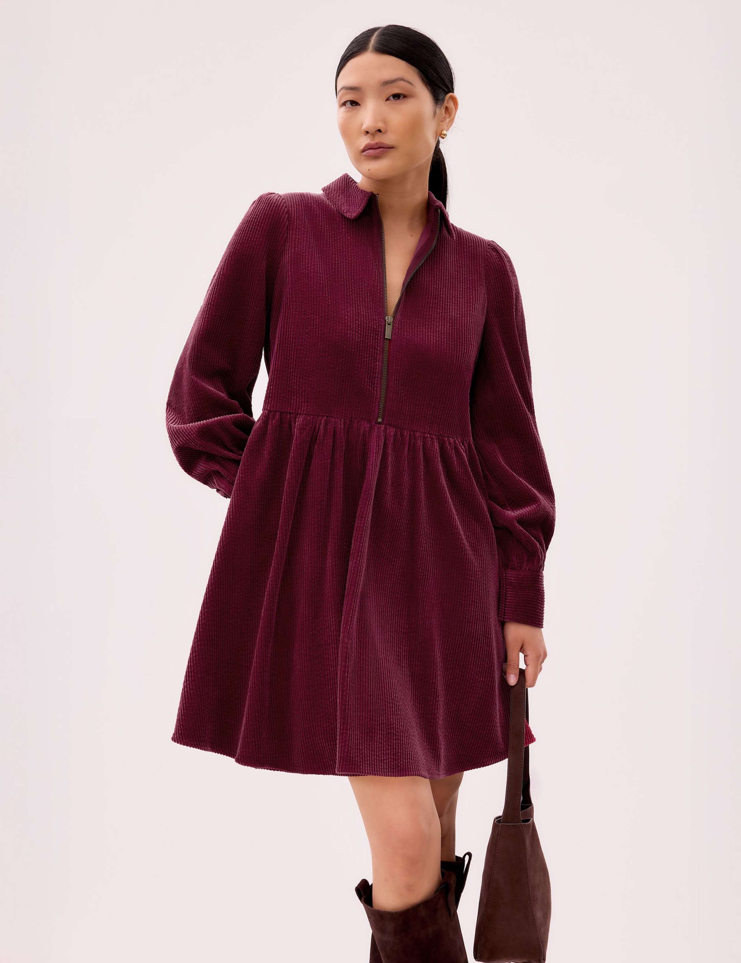 Pure Cotton Cord Zip Up Mini Swing Dress