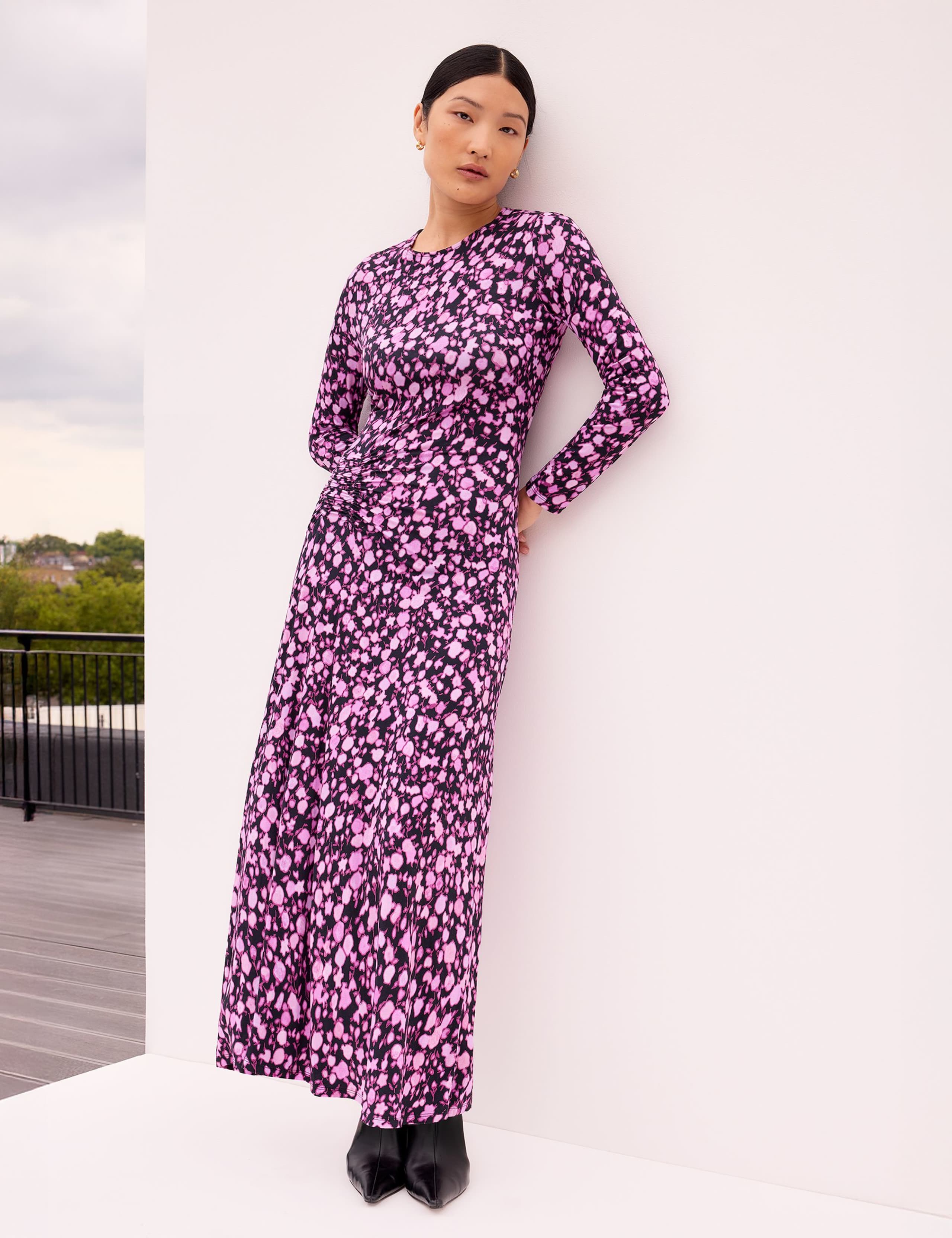 Pink Ruched Batik-Print Midaxi Dress