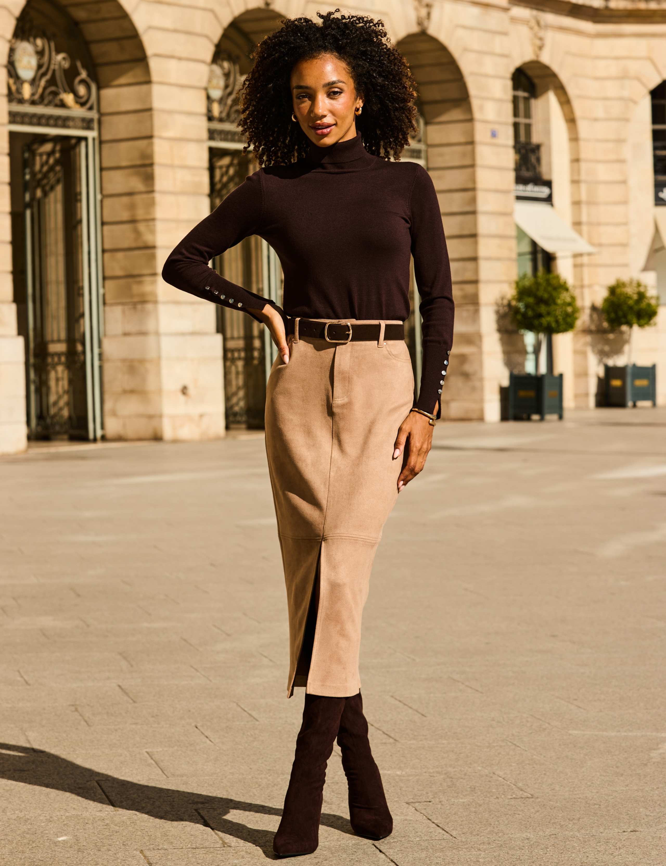 Faux Suede Split Front Midi Pencil Skirt