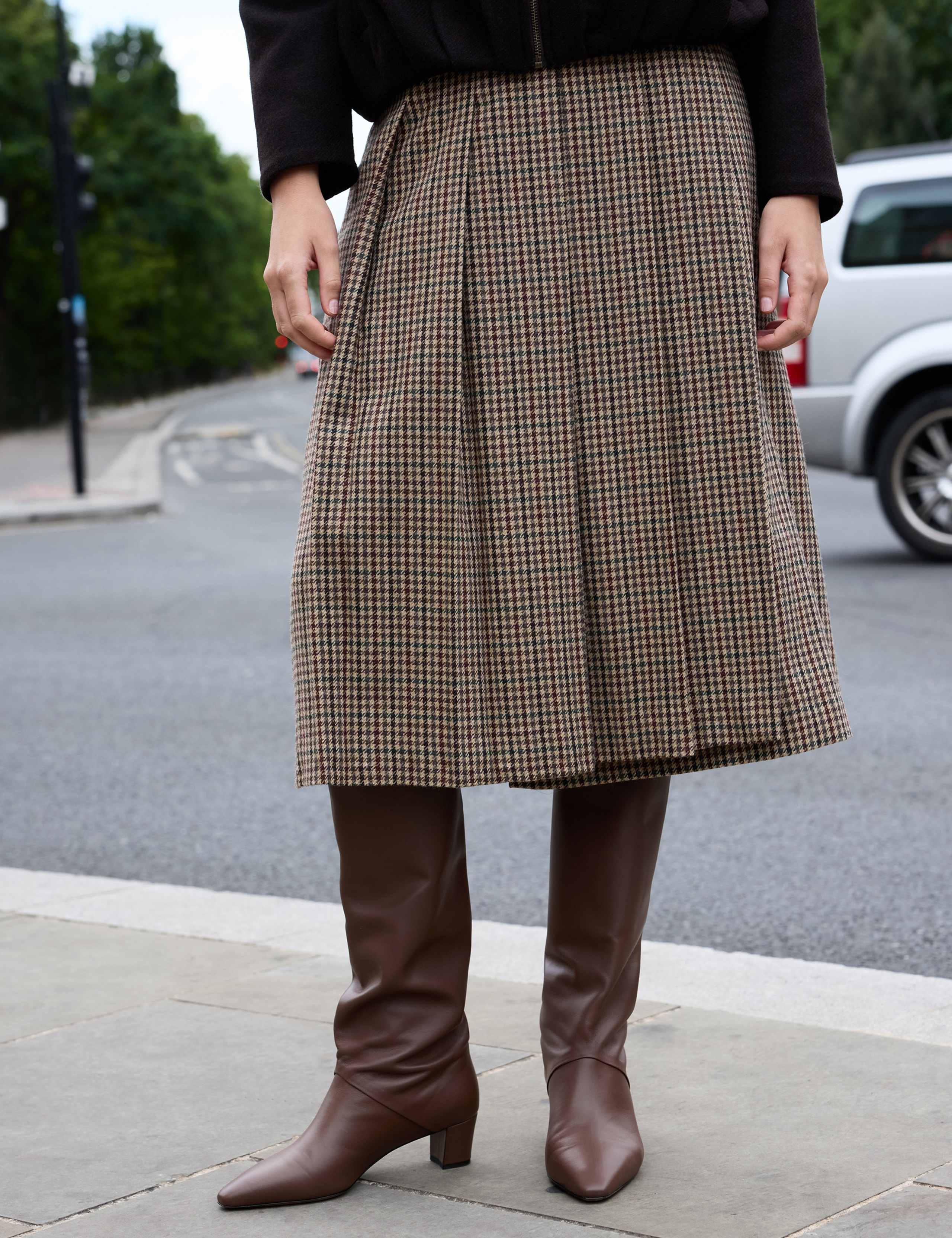 Wool Blend Pleated Midi Wrap Skirt