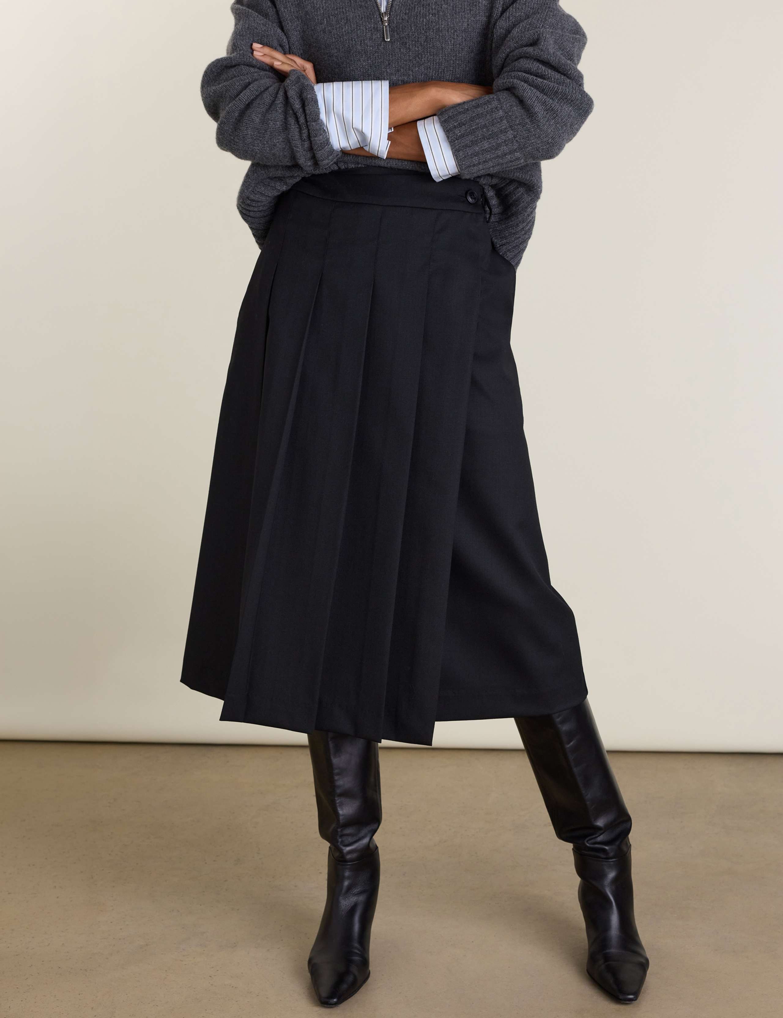 Wool Blend Pleated Midi Wrap Skirt