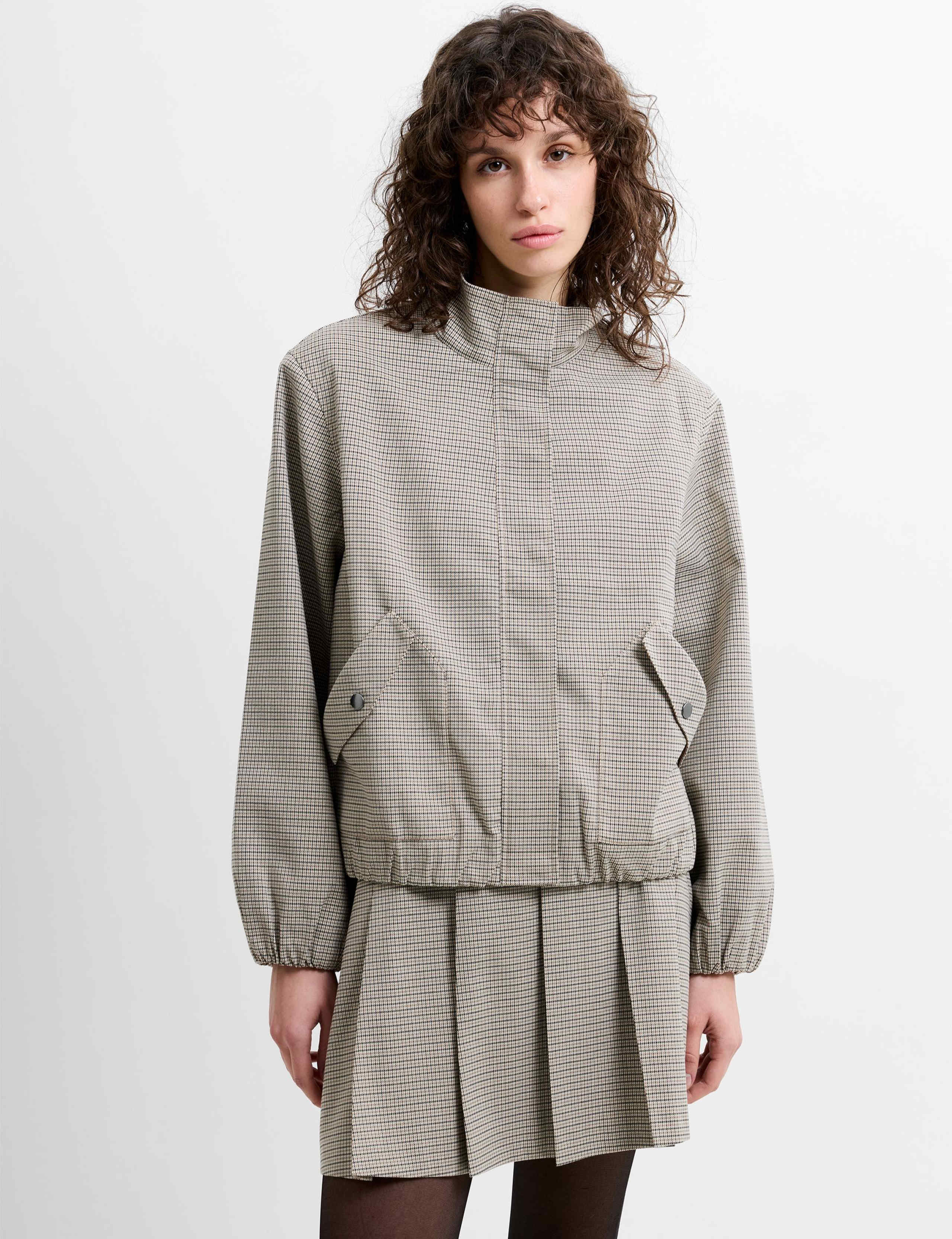 Checked Funnel Neck Bomber Jacket